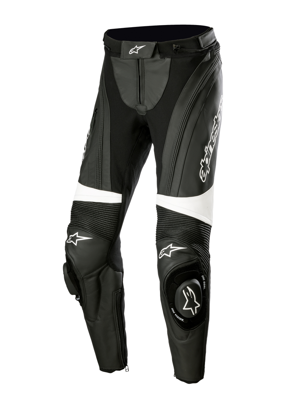 Alpinestars Stella Missile V3 Lederhose, Damen-Motorrad-Rennhose, Schwarz und Weiß, mit Akkordeon-Stretchpaneelen über den Knien, integrierten Knieschleifern mit Alpinestars-Logo, weißen Akzentbändern und einer stromlinienförmigen Passform für Sport- und Rennstreckeneinsätze.