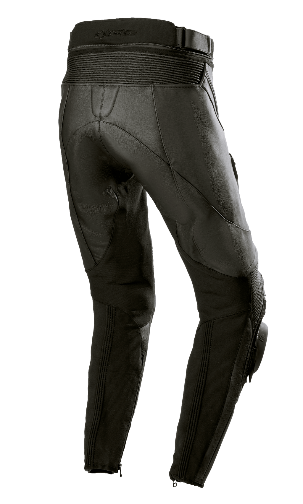 Alpinestars Damen Stella Missile V3 Lederhose, Schwarz, Rückansicht mit hohem hinterem Bund und Akkordeon-Leder-Stretchzonen oberhalb des Knies, hochwertige Rindslederkonstruktion mit Stretcheinsätzen an den Waden und Knöchelreißverschlüssen, konzipiert für Rennsport und sportliches Fahren.