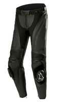 Alpinestars Stella Missile V3 Lederhose, Damen-Motorradrennhose, Schwarz, hochwertiges Leder mit Akkordeon-Stretcheinsätzen, austauschbare Knieschleifer mit weißem Alpinestars-Logo, ergonomisch vorgeformtes Design