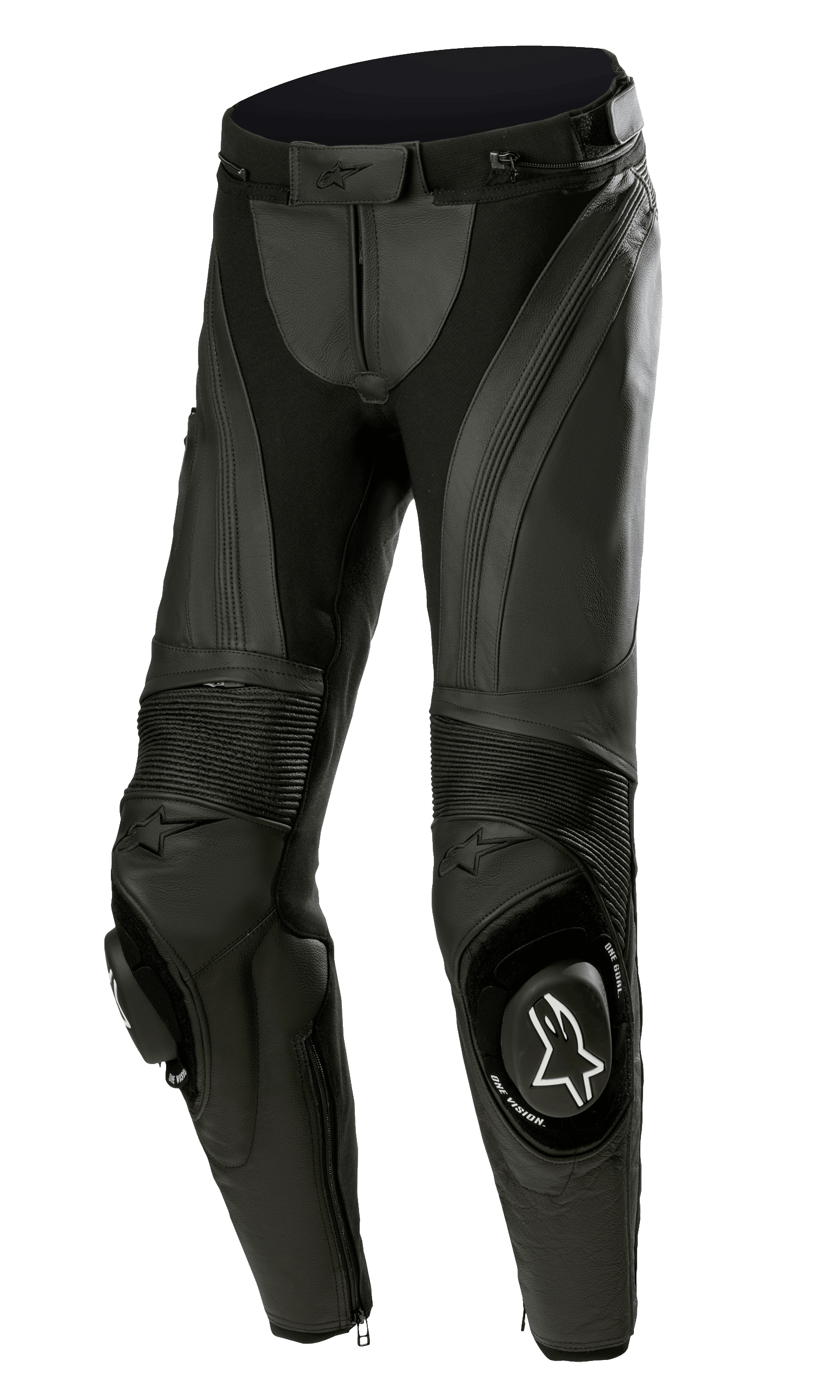 Alpinestars Stella Missile V3 Lederhose, Damen-Motorradrennhose, Schwarz, hochwertiges Leder mit Akkordeon-Stretcheinsätzen, austauschbare Knieschleifer mit weißem Alpinestars-Logo, ergonomisch vorgeformtes Design