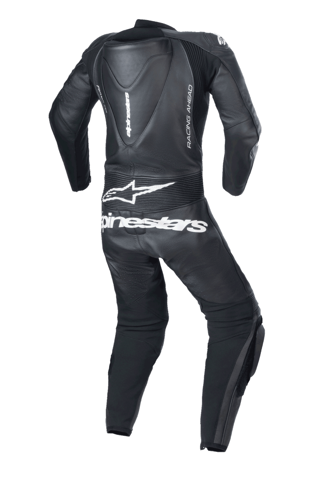 Alpinestars Youth GP Plus V2 1-Piece Leather Suit, Black, back view featuring an aerodynamic hump, white Alpinestars logo and text on the lower back, 'RACING AHEAD' side branding, and accordion stretch panels for mobility.