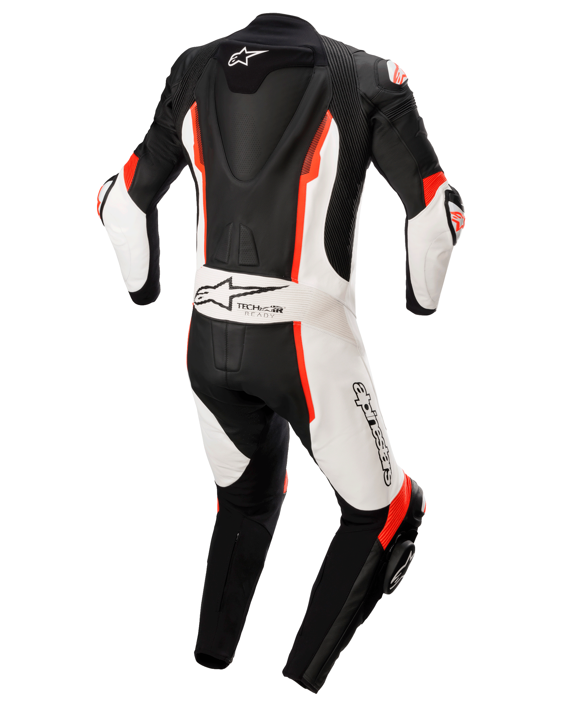 Alpinestars Missile V2 1-Piece Leather Suit, Black White and Red Fluo, rear view featuring aerodynamic back hump, Tech-Air Ready branding, and Alpinestars logo, premium leather motorcycle racing suit