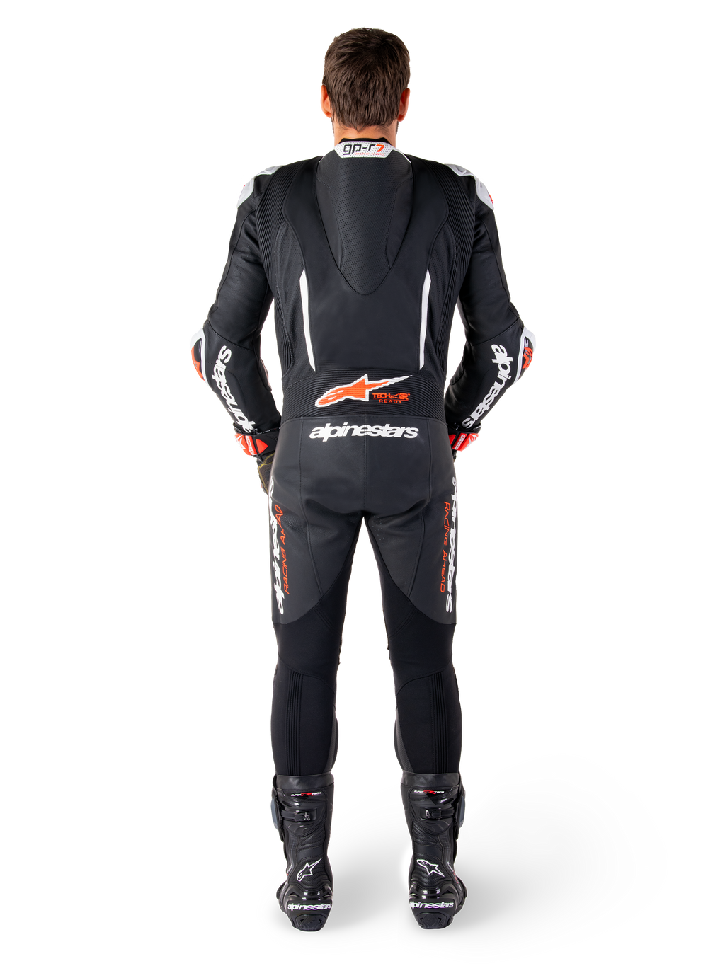 Alpinestars GP-R7 Leather Suit, Black and White, with aerodynamic speed hump and accordion panels for racing.