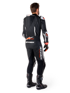 Alpinestars GP-R7 One Piece Leather Suit, Men's racing suit in Black and Red Fluo, with speed hump and Tech-Air Ready logo.