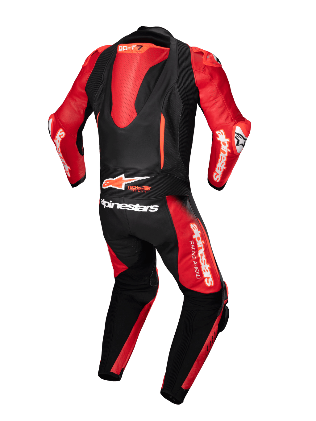 Alpinestars GP-R7 Lederkombi, einteiliger Motorradrennanzug in Schwarz und Rot, Rückansicht mit aerodynamischem Höcker und Tech-Air Ready-Logo, Racing-Lederkonstruktion.