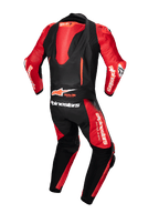 Alpinestars GP-R7 Lederkombi, einteiliger Motorradrennanzug in Schwarz und Rot, Rückansicht mit aerodynamischem Höcker und Tech-Air Ready-Logo, Racing-Lederkonstruktion.