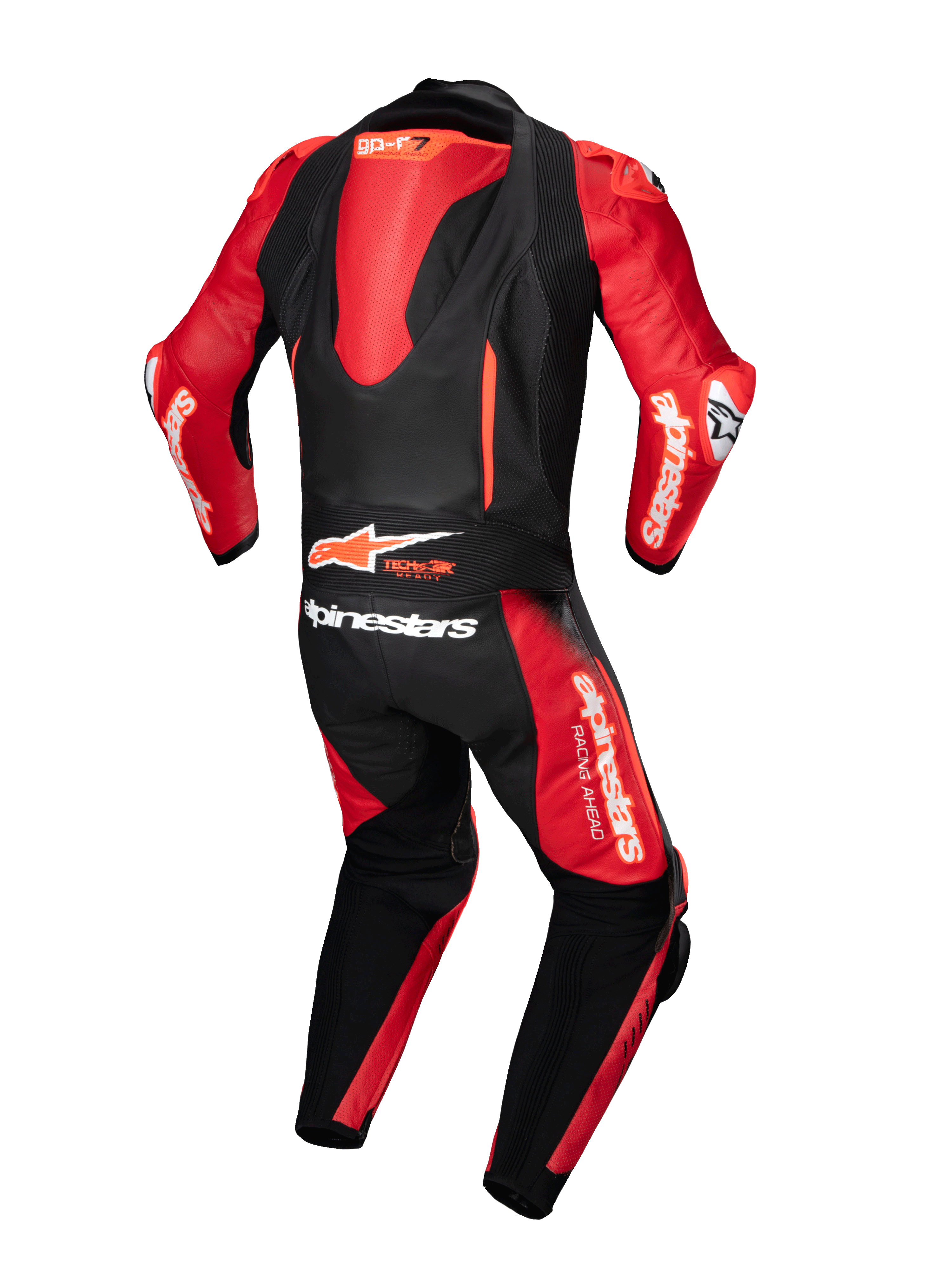 Alpinestars GP-R7 Lederkombi, einteiliger Motorradrennanzug in Schwarz und Rot, Rückansicht mit aerodynamischem Höcker und Tech-Air Ready-Logo, Racing-Lederkonstruktion.