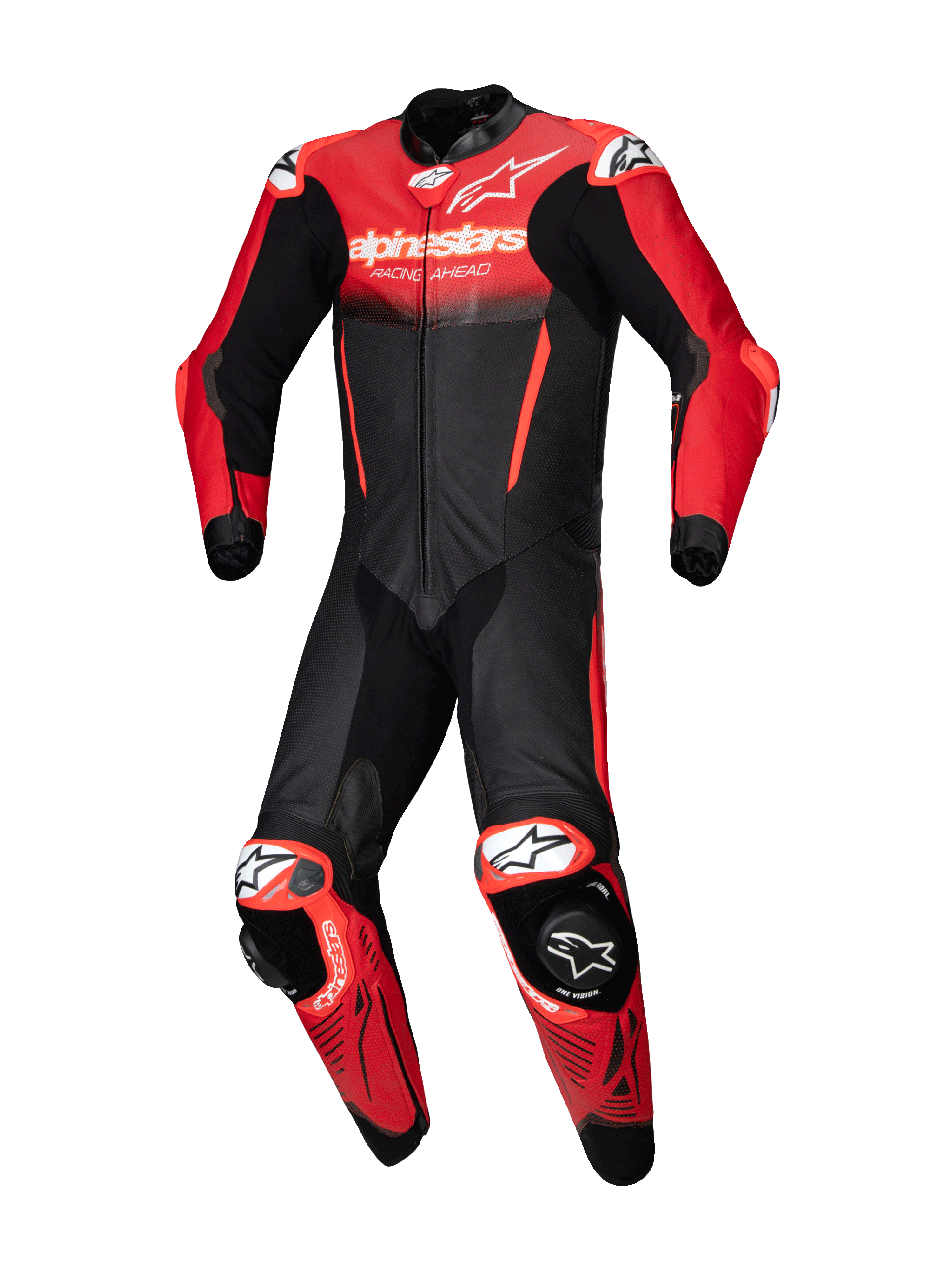 Alpinestars GP-R7 1 Piece Leather Suit, black and red motorcycle racing gear in bovine leather with CE AAA certification.