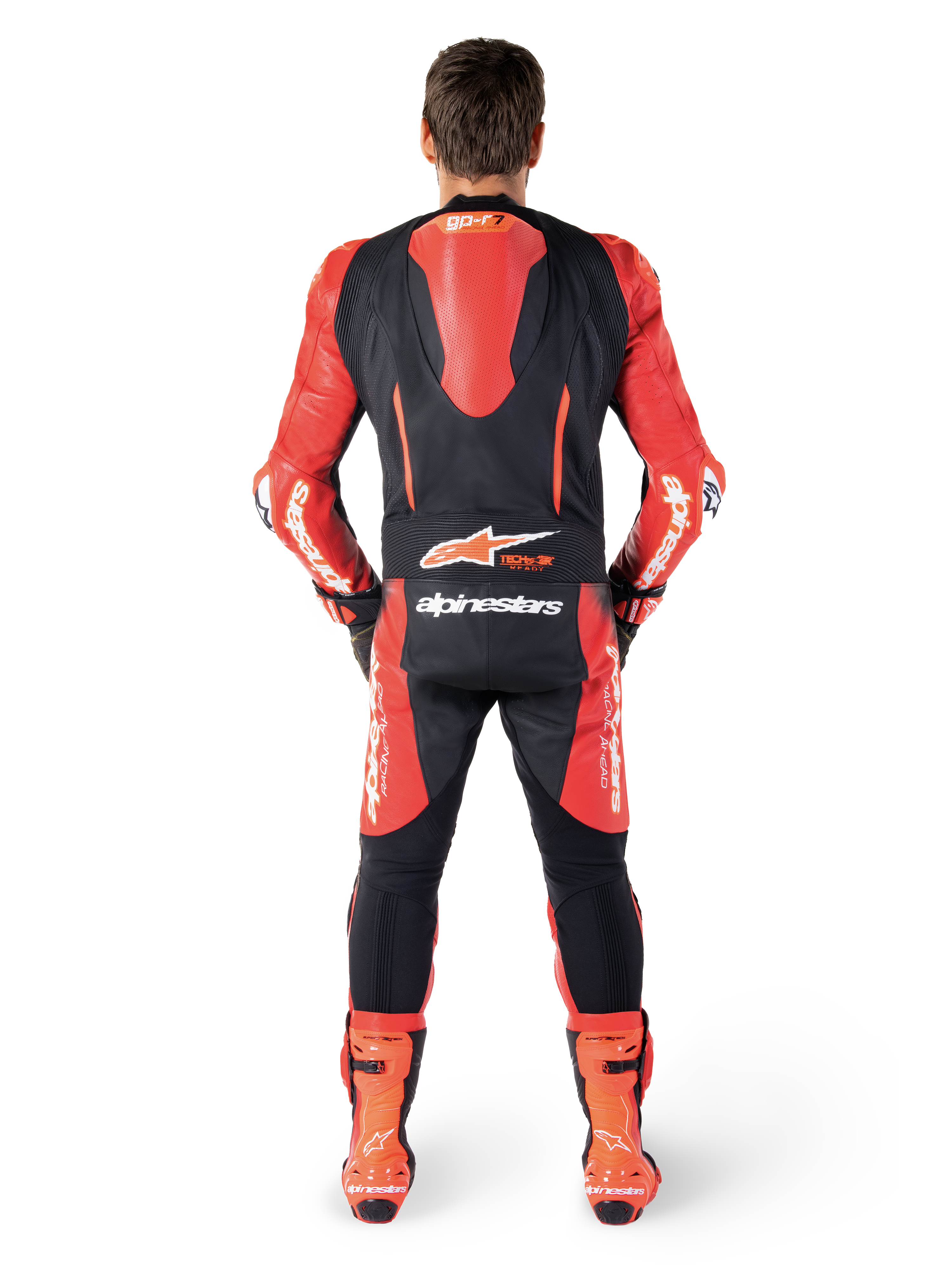 Alpinestars GP-R7 Lederkombi 1-Teiliger, Rückansicht mit Supertech R10 Aero-Höcker, Schwarz und Rot, für Racing und Road