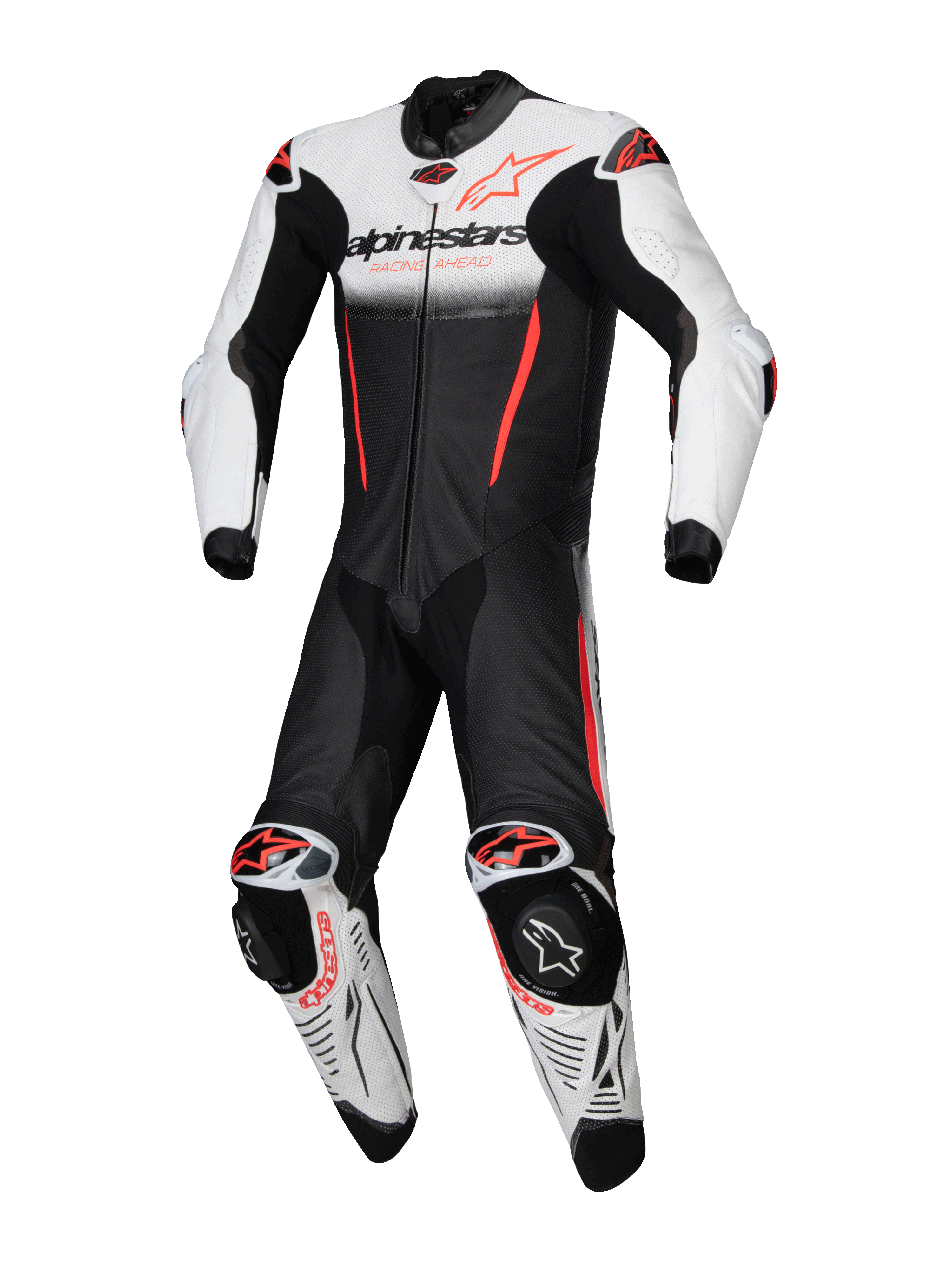 Alpinestars GP-R7 Lederkombi 1-Teiliger, Motorrad-Rennanzug, Weiß, Schwarz, Rot Fluo, Tech-Air® Ready, perforiertes Rinderleder.