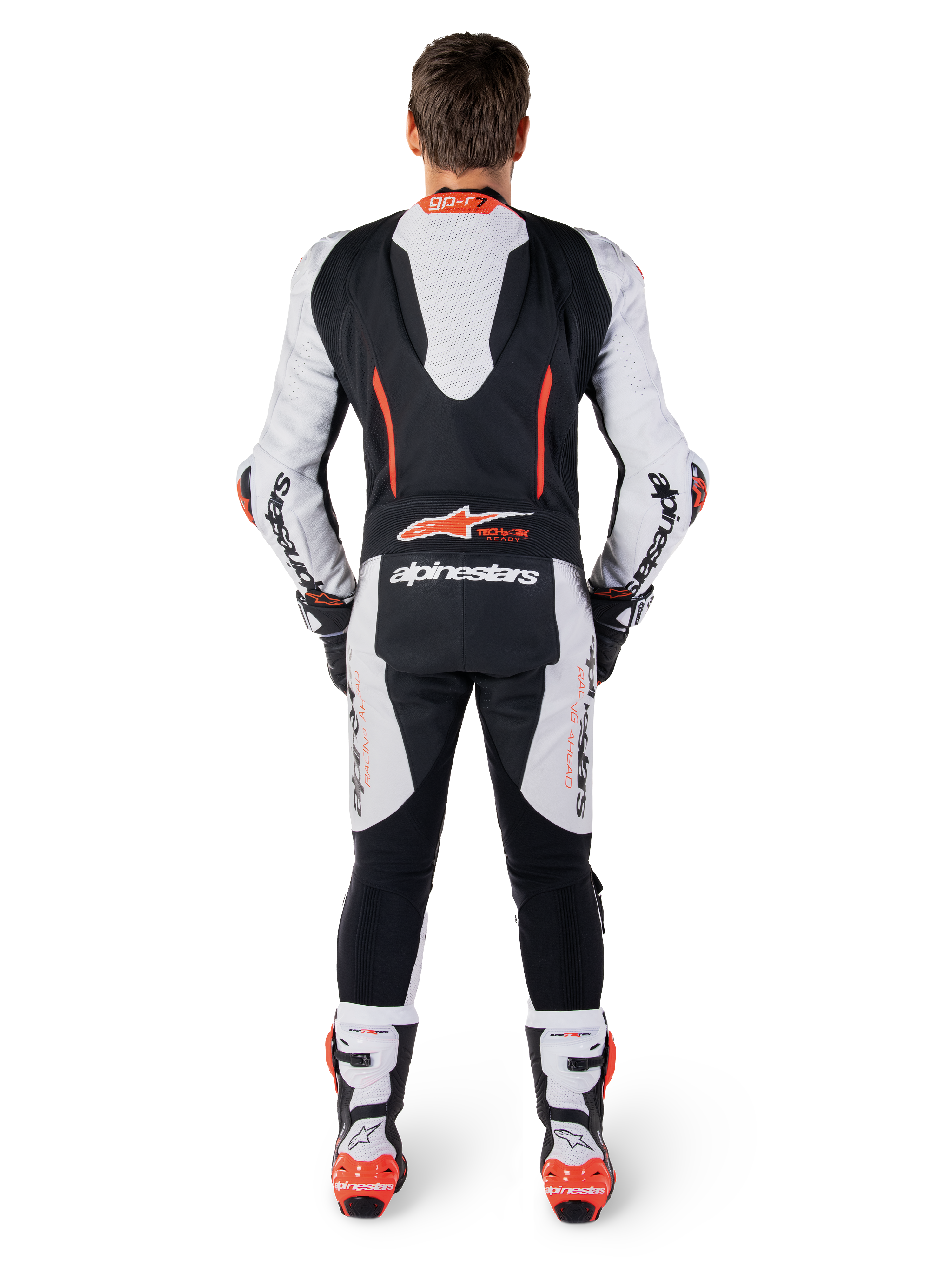 GP-R7 Lederkombi 1-Teiliger, Motorradrennanzug für Herren, Schwarz und Weiß mit Rot Fluo Akzenten, aerodynamischer Rückenhöcker, Tech-Air® kompatibel, Rückansicht