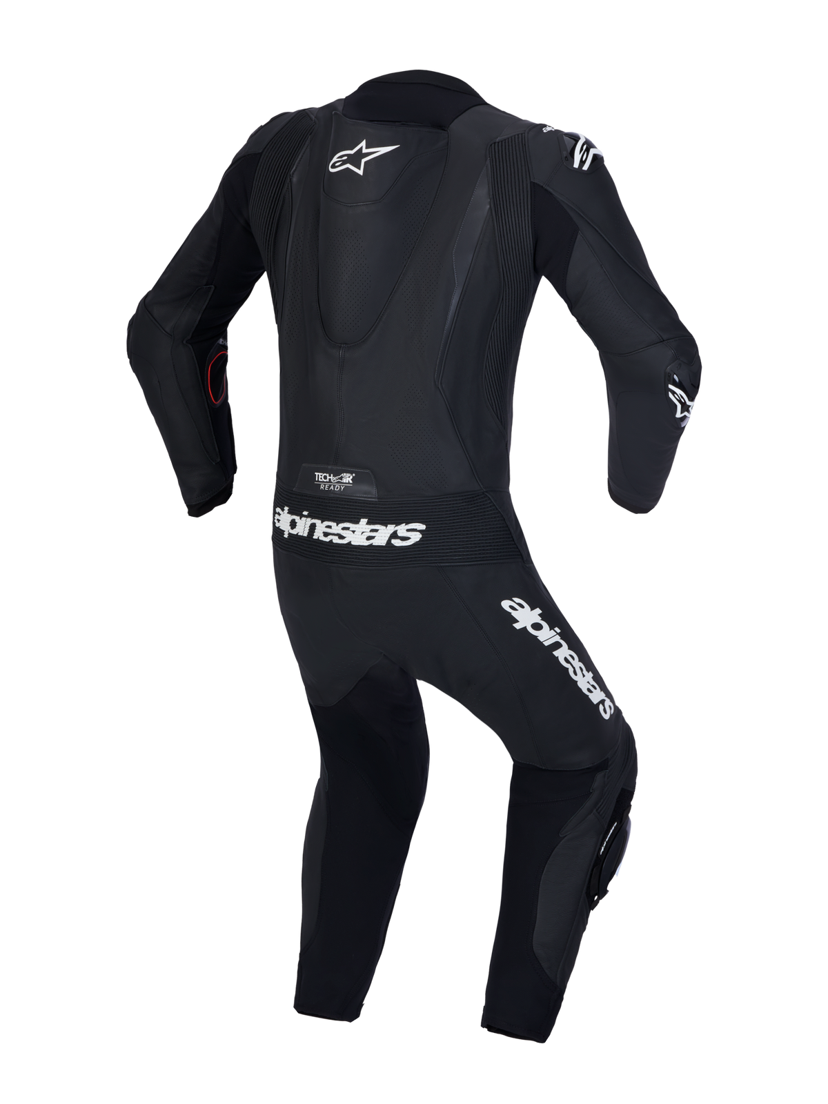 Alpinestars Missile V 3 Lederkombi 1 Pc, einteiliger Motorradrennanzug in Schwarz mit weißem Branding, Rückansicht