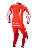 Alpinestars GP Tech V5 One Piece Leather Suit, Red Fluo Bright Red and White, rear view showing aerodynamic speed hump, flexible accordion waist panel, and prominent white Alpinestars branding, professional racing apparel for motorcycle track use.
