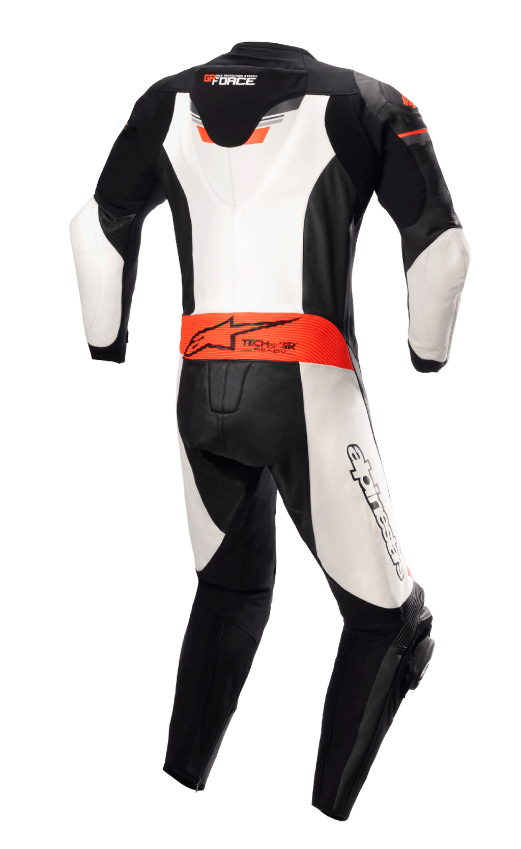 Alpinestars GP Force Chaser One Piece Leather Suit, Back View, Black White and Red Fluo, featuring an aerodynamic back hump, Tech-Air Ready branding on the waist, and white leather panels, professional bovine leather motorcycle racing suit