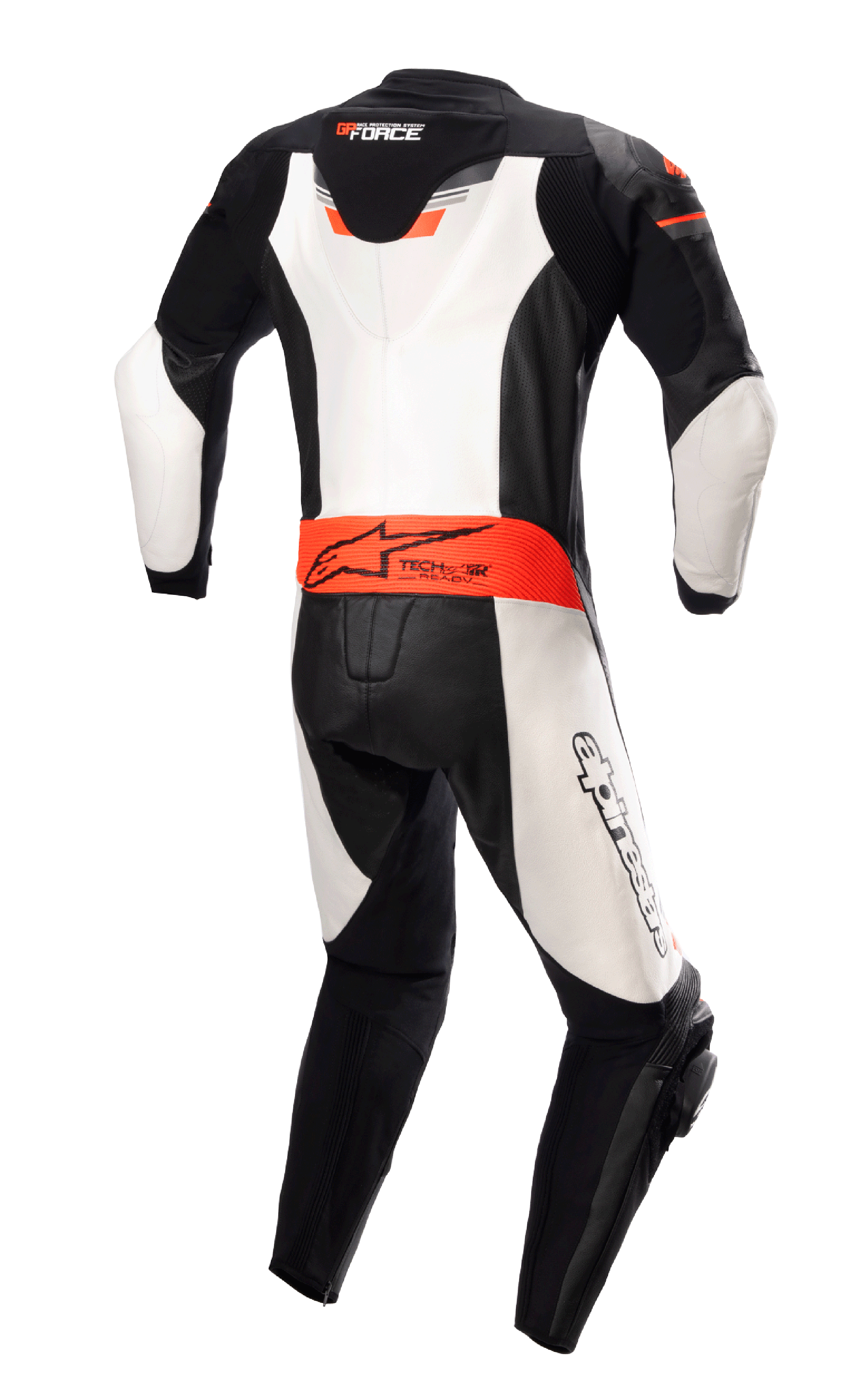 Alpinestars GP Force Chaser One Piece Leather Suit, Back View, Black White and Red Fluo, featuring an aerodynamic back hump, Tech-Air Ready branding on the waist, and white leather panels, professional bovine leather motorcycle racing suit