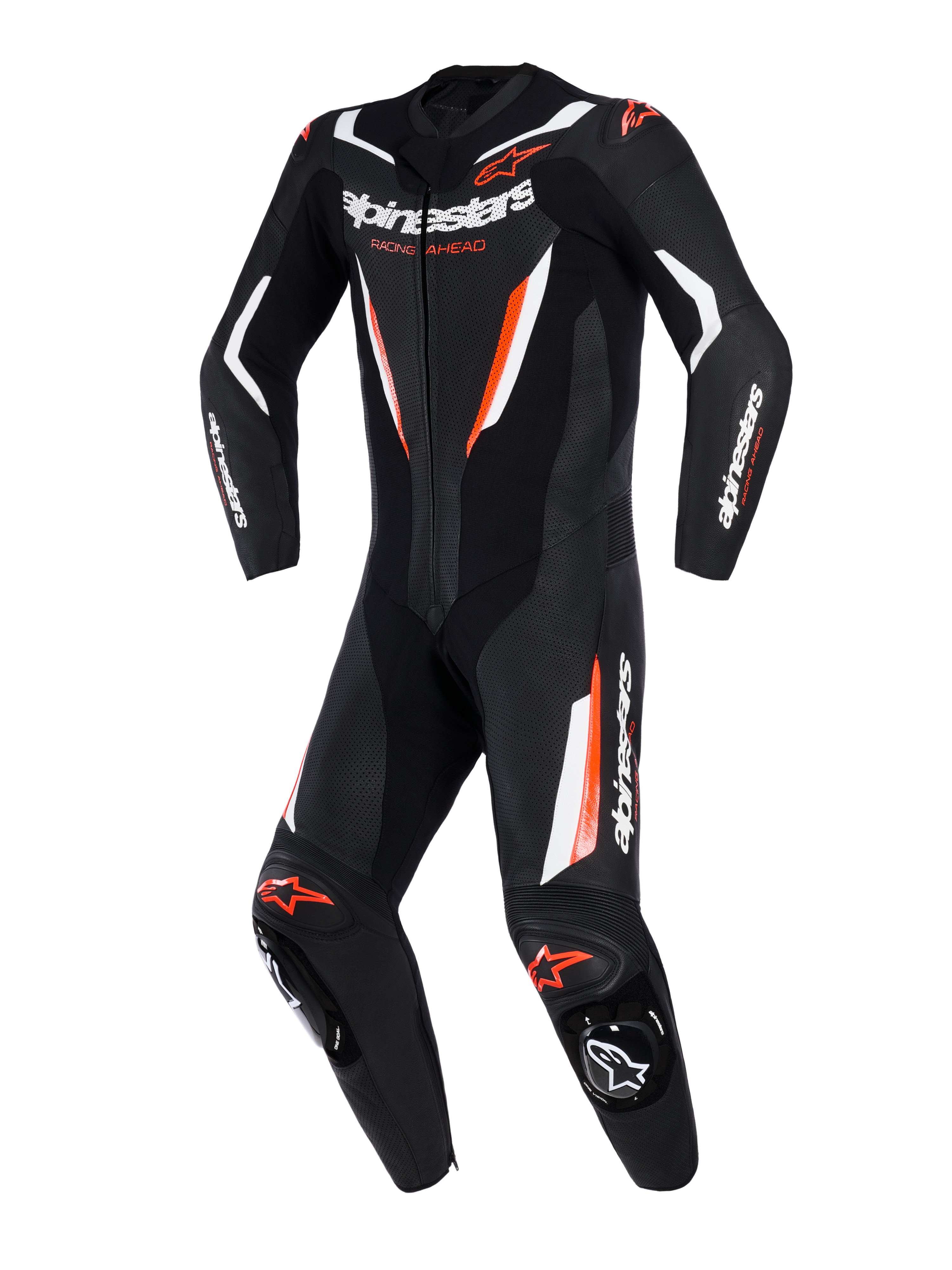 Alpinestars GP Force V2 Lederkombi, 1-teiliger Motorrad-Rennanzug, Schwarz, Weiß und Rot Fluo, mit perforierten Lederpartien, weißen und fluoreszierenden roten Akzenten, Alpinestars-Branding auf Brust und Ärmeln, professionelles, rennstreckentaugliches Design.