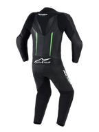Alpinestars GP Force V2 Lederkombi - 1-teilig, Rückansicht, Schwarz mit neongrünen Akzenten, mit aerodynamischem Geschwindigkeitsbuckel, perforierten Lederpaneelen, Akkordeon-Stretchzonen und Tech-Air Ready-Branding, professionelle Motorrad-Rennausrüstung