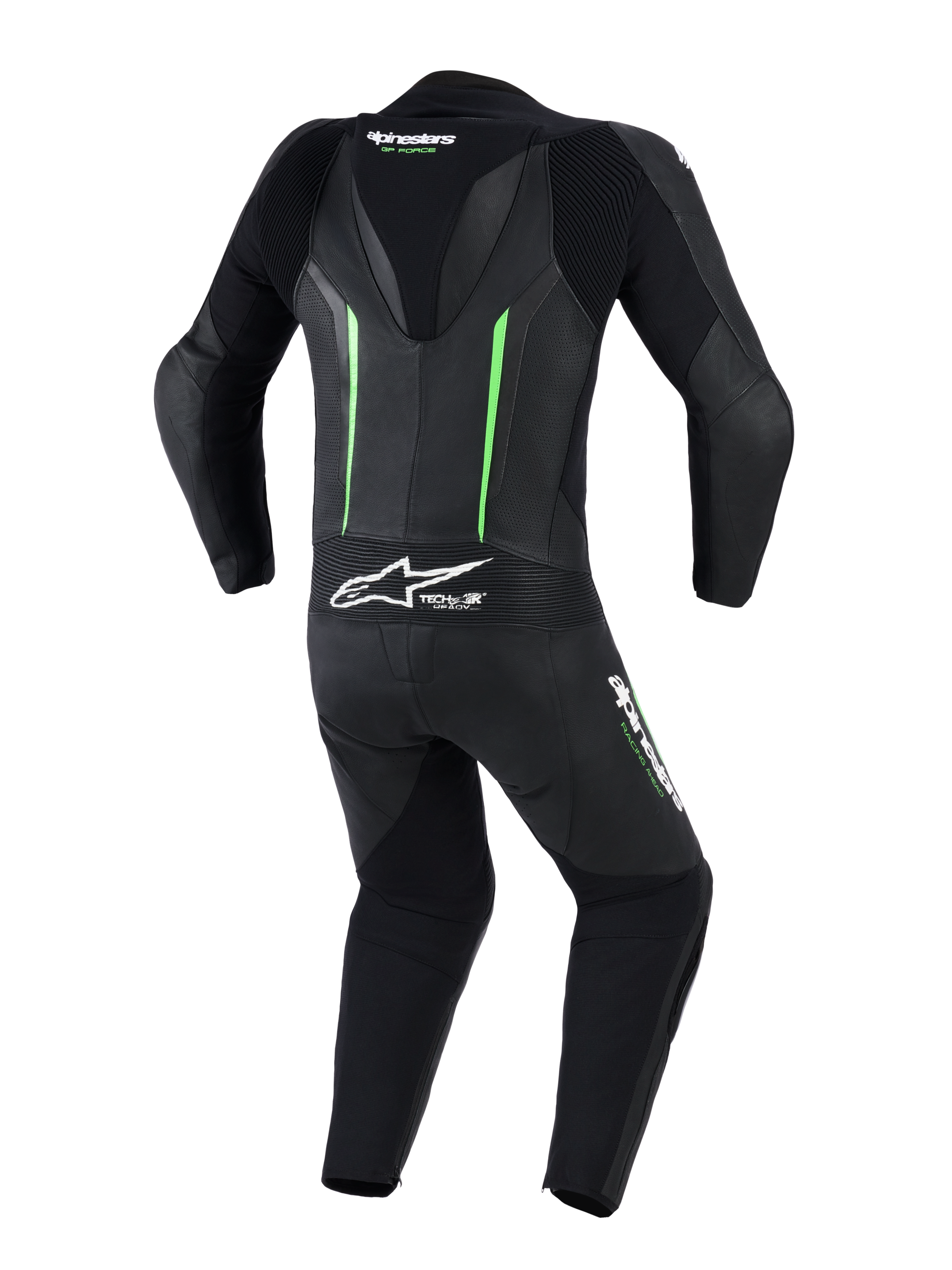 Alpinestars GP Force V2 Lederkombi - 1-teilig, Rückansicht, Schwarz mit neongrünen Akzenten, mit aerodynamischem Geschwindigkeitsbuckel, perforierten Lederpaneelen, Akkordeon-Stretchzonen und Tech-Air Ready-Branding, professionelle Motorrad-Rennausrüstung