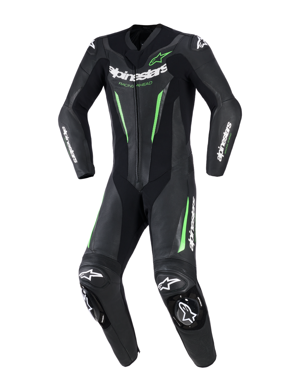 Alpinestars GP Force V2 Lederkombi – Einteiler, einteiliger Motorrad-Rennanzug, Schwarz mit neongrünen Akzenten und weißem Branding, mit perforierten Lederpaneelen, DFS Lite Außenschleifern an Schultern und Knien und sportlicher Passform.