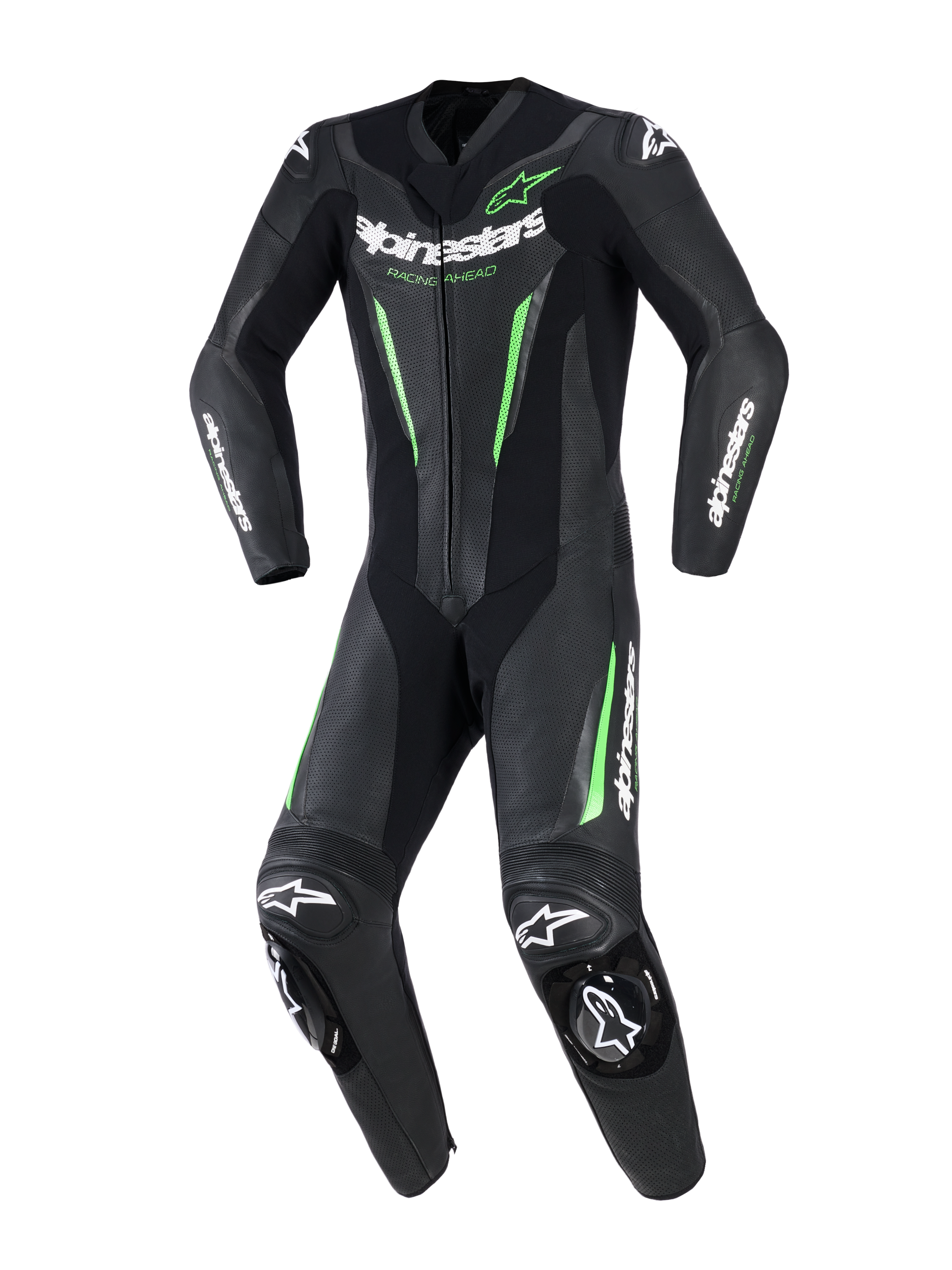 Alpinestars GP Force V2 Lederkombi – Einteiler, einteiliger Motorrad-Rennanzug, Schwarz mit neongrünen Akzenten und weißem Branding, mit perforierten Lederpaneelen, DFS Lite Außenschleifern an Schultern und Knien und sportlicher Passform.