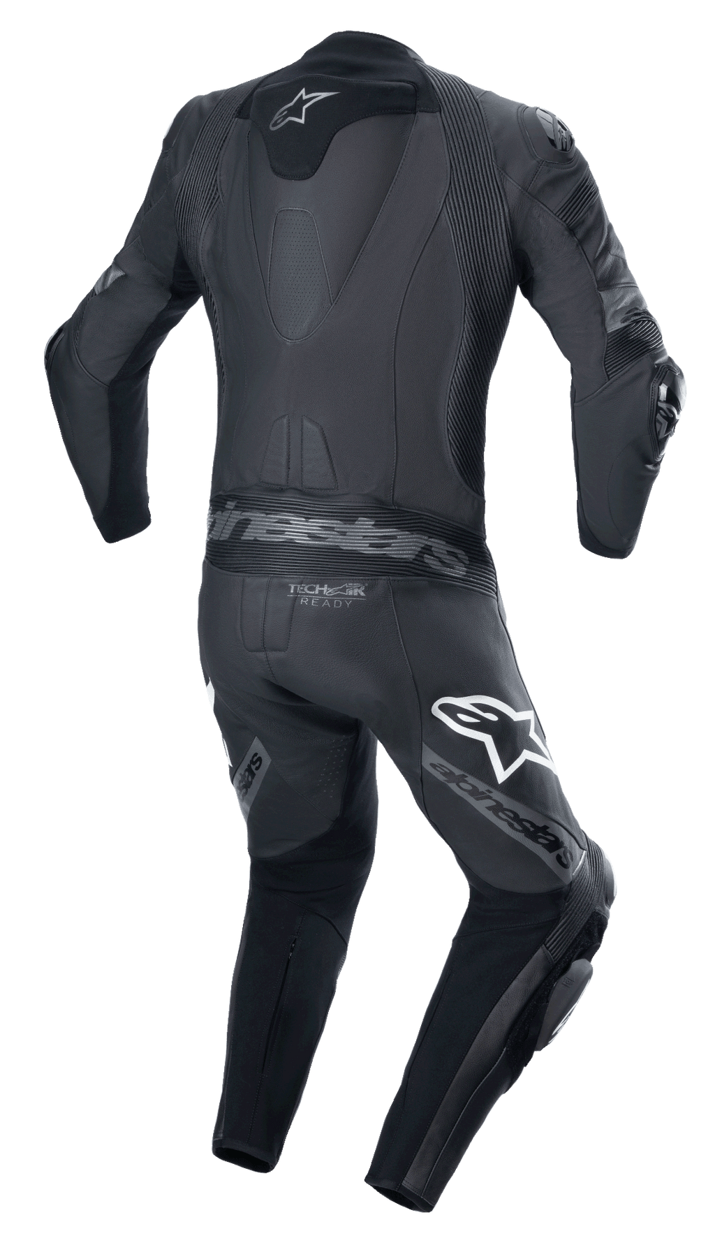 Alpinestars Missile V2 Ward 1-Teiler Lederkombi, Schwarz Metallic-Grau, Rückansicht mit aerodynamischem Höcker, Akkordeon-Stretch-Einsätzen am unteren Rücken und an den Schultern, Alpinestars-Branding auf den Oberschenkeln und Tech-Air Ready-Logo