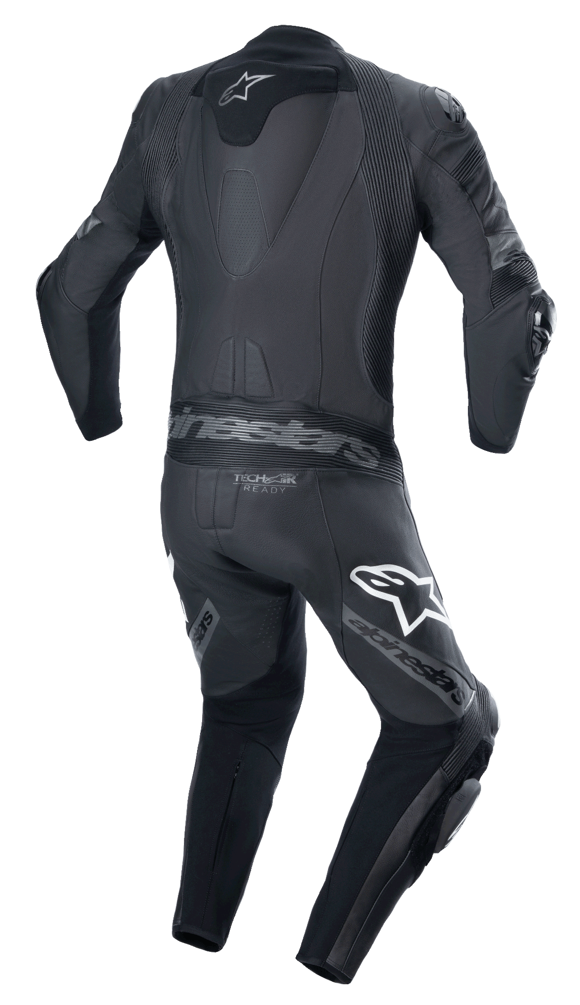 Alpinestars Missile V2 Ward 1-Teiler Lederkombi, Schwarz Metallic-Grau, Rückansicht mit aerodynamischem Höcker, Akkordeon-Stretch-Einsätzen am unteren Rücken und an den Schultern, Alpinestars-Branding auf den Oberschenkeln und Tech-Air Ready-Logo