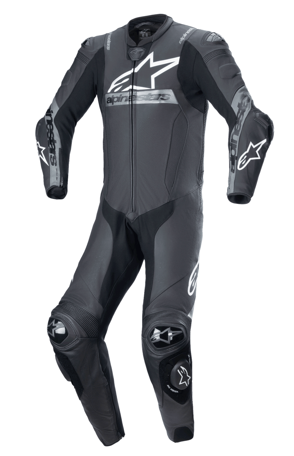 Alpinestars Missile V2 Ward Einteiler-Lederkombi, Schwarz Metallic-Grau, professioneller Motorrad-Rennanzug, aerodynamisches Design mit Protektoren an Schultern, Ellbogen und Knien, großes weißes Alpinestars-Logo auf der Brust, hochwertige Lederkonstruktion für Rennstrecken-Performance