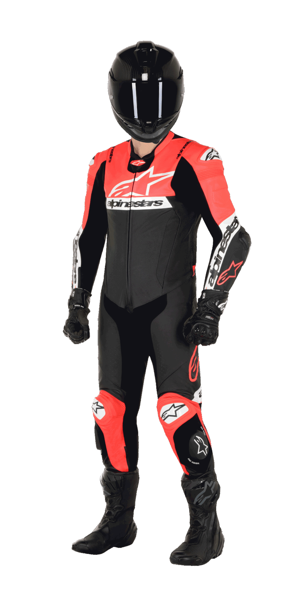 Motorcycle rider wearing the Alpinestars Missile V2 Ward 1-Piece Leather Suit, Black Red Fluo and White colorway, complete with a black helmet, black racing gloves, and black boots, designed for high-performance track racing