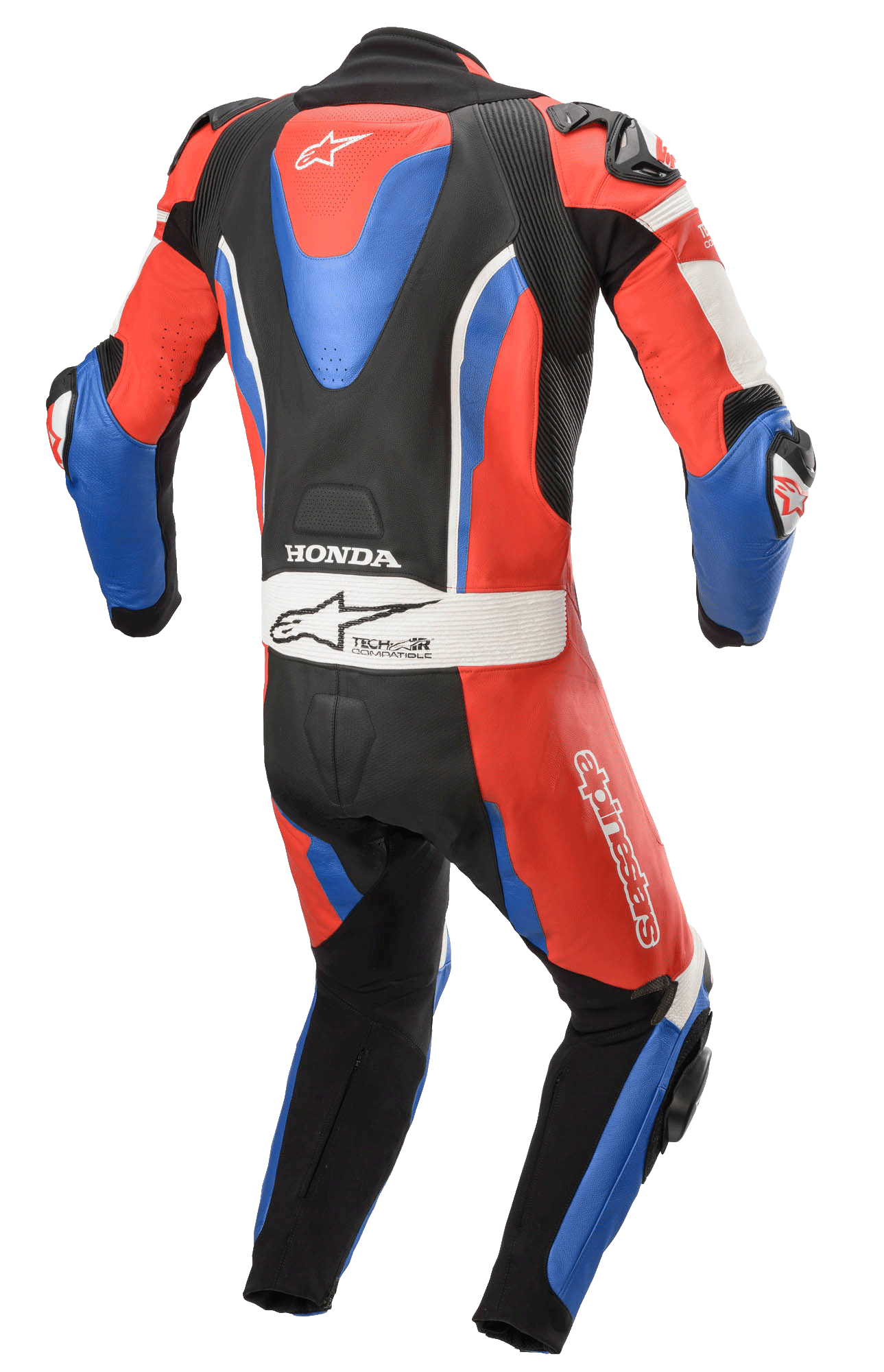 Alpinestars Honda GP Pro V2 1-Piece Leather Suit, Motorcycle Racing Suit, Black Red and Blue, back view showing aerodynamic hump, Honda and Tech-Air logos, accordion stretch panels for mobility, professional track gear.
