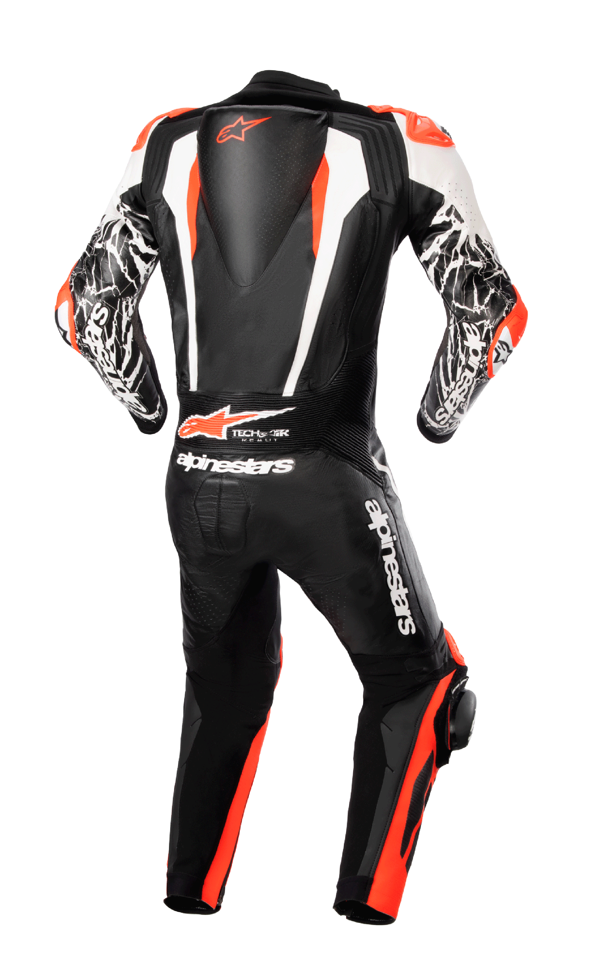 Alpinestars Racing Absolute V2 Einteiliger Lederkombi, Rückansicht, Schwarz, Weiß und Fluo-Rot, mit aerodynamischem Rückenhöcker mit Logo, Tech-Air Ready Branding und weißen Akzenten im Marmor-Muster an den Armen, professionelle, rennstreckentaugliche Motorradausrüstung