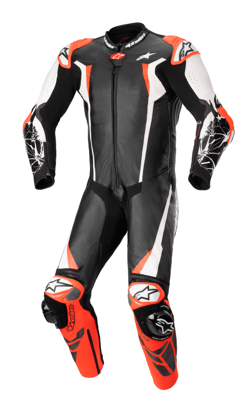 Alpinestars Racing Absolute V2 Einteiler-Lederkombi, Motorrad-Rennanzug, Schwarz, Weiß und Fluo-Rot, aerodynamisches Design mit perforiertem Leder, externe Schleifer an Schultern und Knien, professionelle rennstreckentaugliche Konstruktion