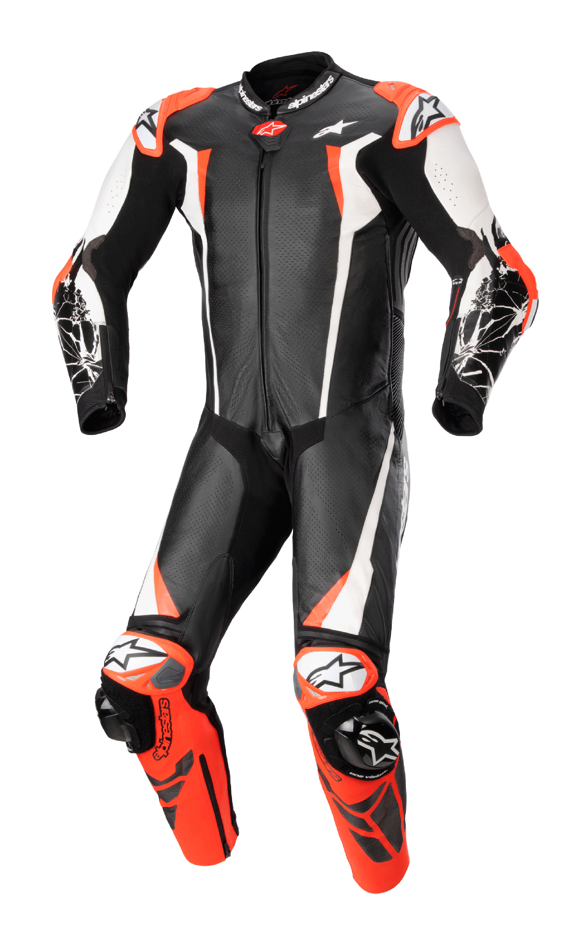 Alpinestars Racing Absolute V2 Einteiler-Lederkombi, Motorrad-Rennanzug, Schwarz, Weiß und Fluo-Rot, aerodynamisches Design mit perforiertem Leder, externe Schleifer an Schultern und Knien, professionelle rennstreckentaugliche Konstruktion