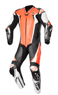 Alpinestars Racing Absolute V2 One Piece Leather Suit, Motorcycle Racing Suit, Red Fluo White and Black, featuring perforated chest panels, external DFS sliders on shoulders and knees, and graphic print details on the forearms, professional track gear.