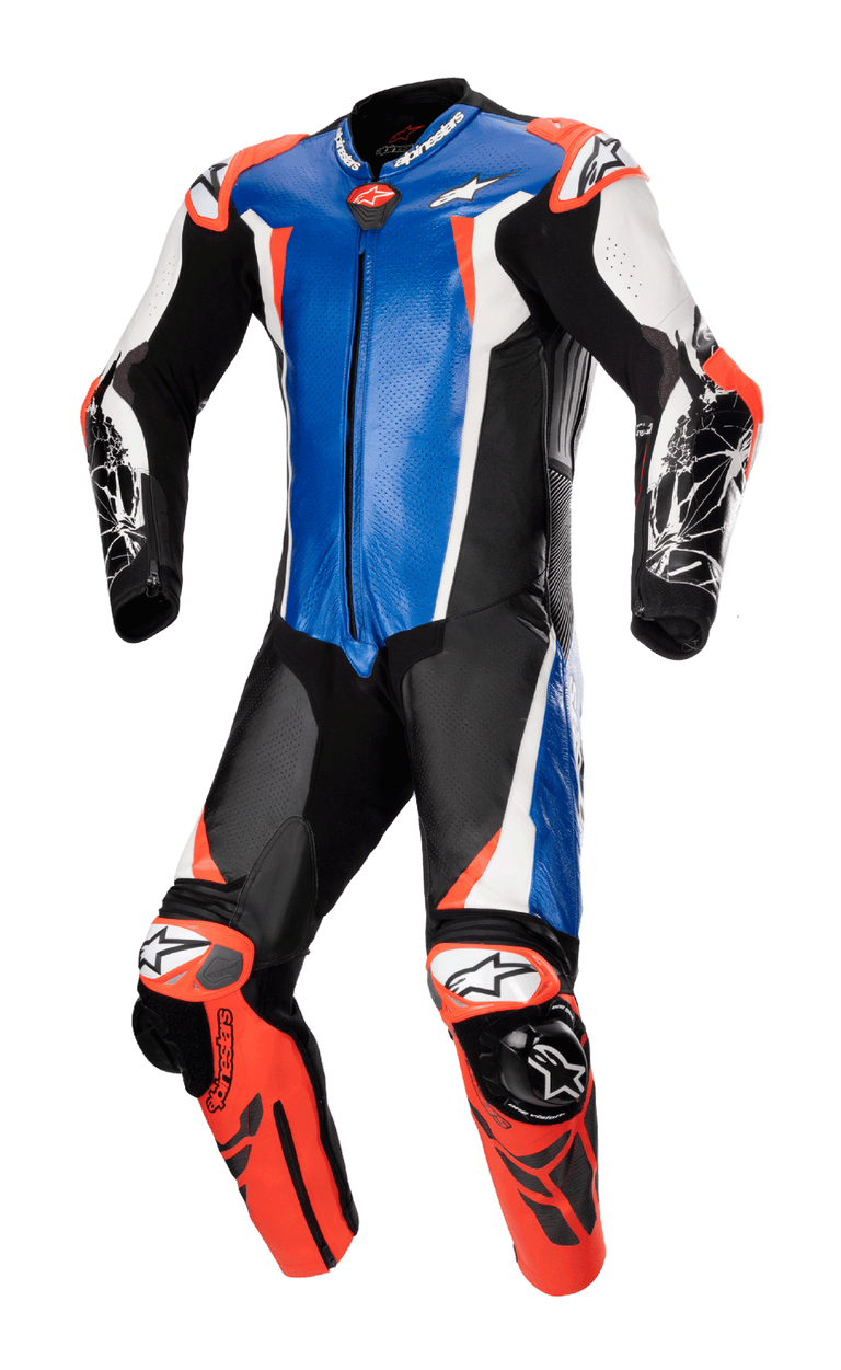 Alpinestars Racing Absolute V2 One Piece Leather Suit, Metallic Blue, Black, White and Red Fluo, professional motorcycle racing suit with kangaroo leather construction, external GP DFS sliders on shoulders and knees, and perforated panels for track performance.