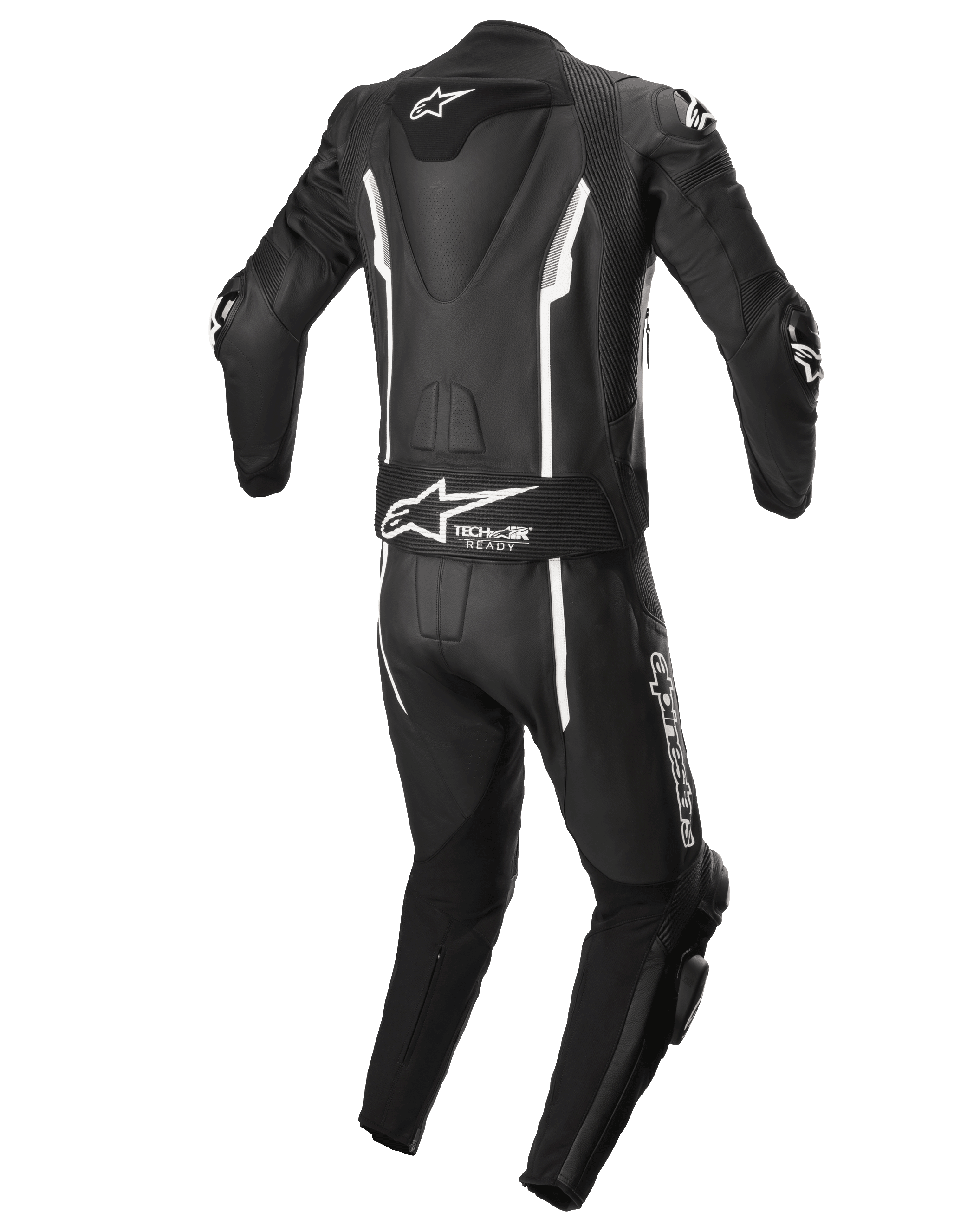 Alpinestars Missile V2 2-Piece Leather Suit, Motorcycle Racing Suit, Black and White, Rear view featuring aerodynamic hump, Tech-Air Ready stretch panel, white linear accents, and Alpinestars branding on the lower back and leg