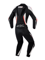 Alpinestars Stella GP-R7 2-Teiler Lederkombi für Damen, Rückansicht, Schwarz Weiß und Rot Fluo, mit aerodynamischem Höcker, Akkordeon-Stretch-Einsätzen und perforiertem Leder für professionelle Rennperformance.