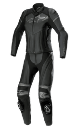 Alpinestars Damen Stella GP Plus 2-Teilige Lederkombi, Schwarz Metallic-Grau, mit grauen Alpinestars-Logos auf Brust und Knien, Akkordeon-Leder-Stretch-Einsätzen und Knieschleifern, professionelle Rennausrüstung für eine frauenspezifische Passform