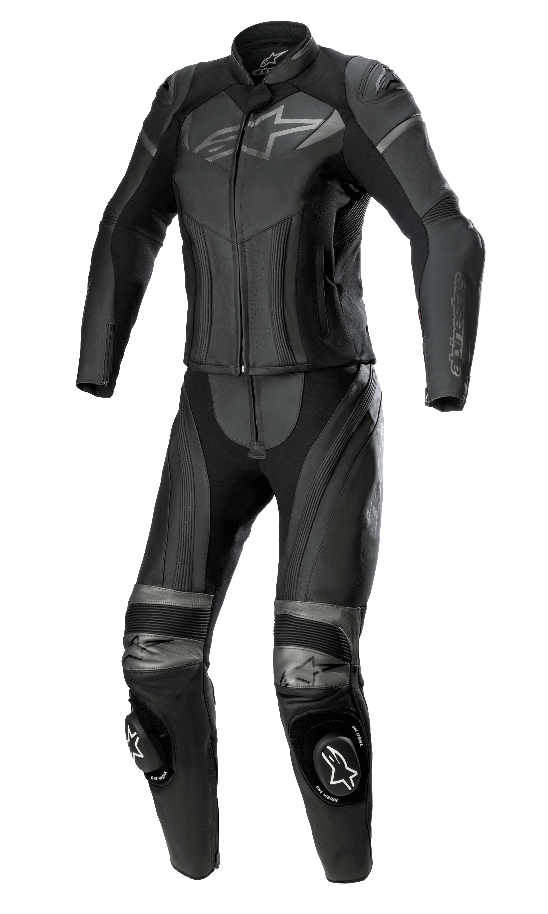 Alpinestars Damen Stella GP Plus 2-Teilige Lederkombi, Schwarz Metallic-Grau, mit grauen Alpinestars-Logos auf Brust und Knien, Akkordeon-Leder-Stretch-Einsätzen und Knieschleifern, professionelle Rennausrüstung für eine frauenspezifische Passform