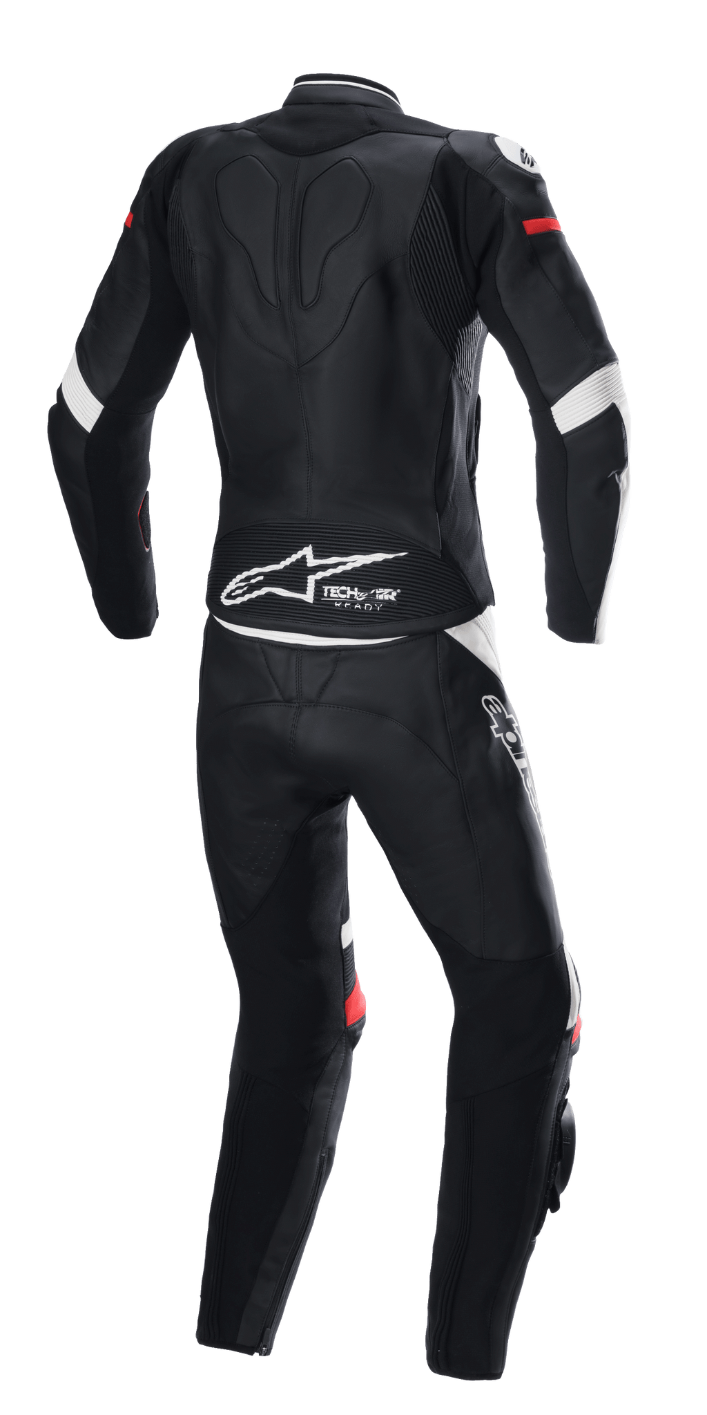 Alpinestars Stella GP Plus 2-teilige Lederkombi, Schwarz, Weiß und leuchtendes Rot, Rückansicht, mit Tech-Air Ready Branding und Alpinestars-Logo auf dem unteren Rücken, ergonomischer Schutzanzug mit Stretcheinsätzen für den Motorradrennsport.