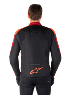 Alpinestars T-Jaws V4 Waterproof Jacket, Rear view, Black with Red Fluo and Dark Red accents, orange logo on lower back, extended back panel for riding coverage, sporty textile motorcycle jacket