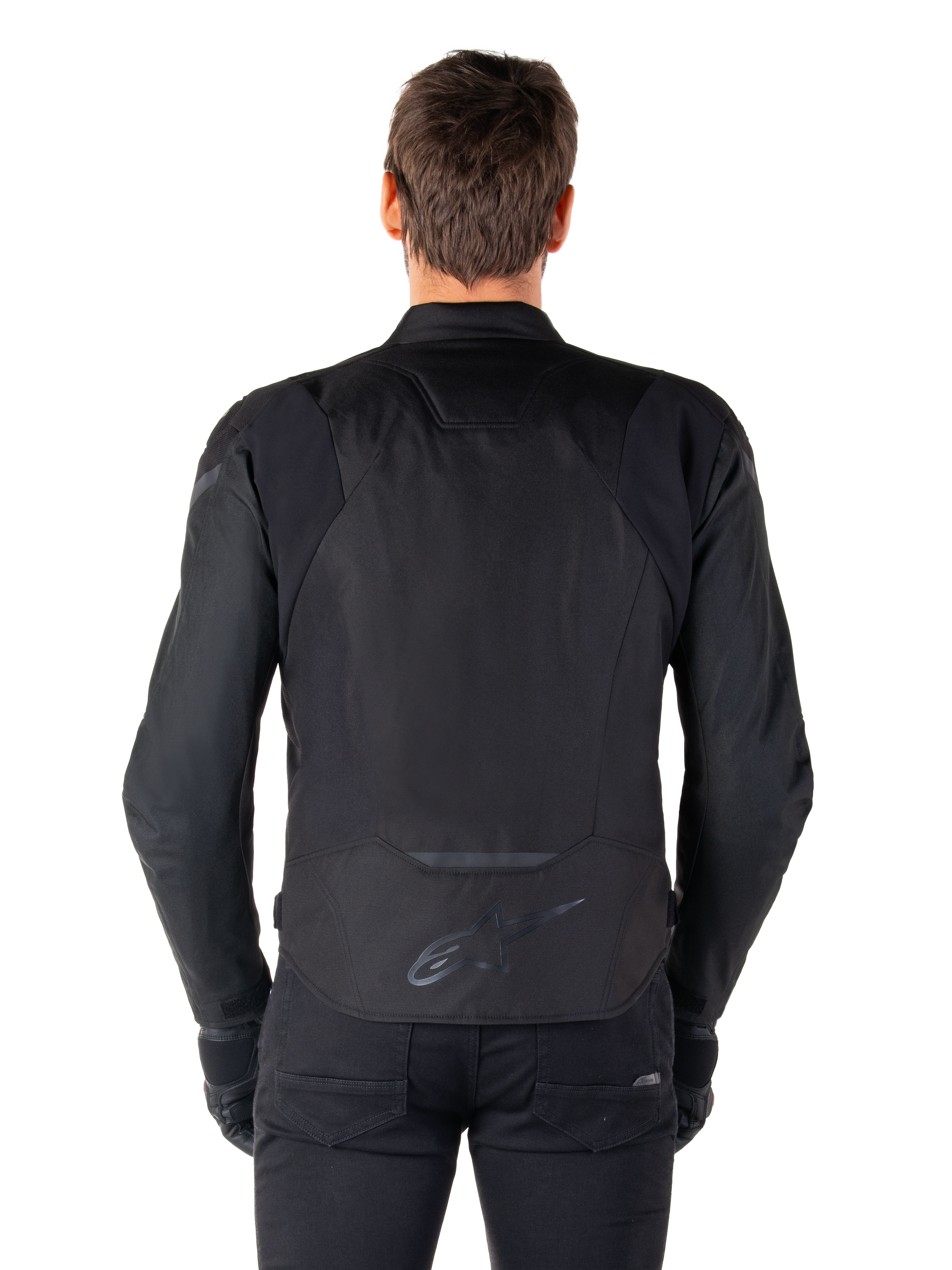 Alpinestars T-Jaws V4 Wasserdichte Jacke, Textil-Motorradjacke, Schwarz, Rückansicht mit Alpinestars-Logo am unteren Rücken, sportliche Passform für das Fahren auf der Straße