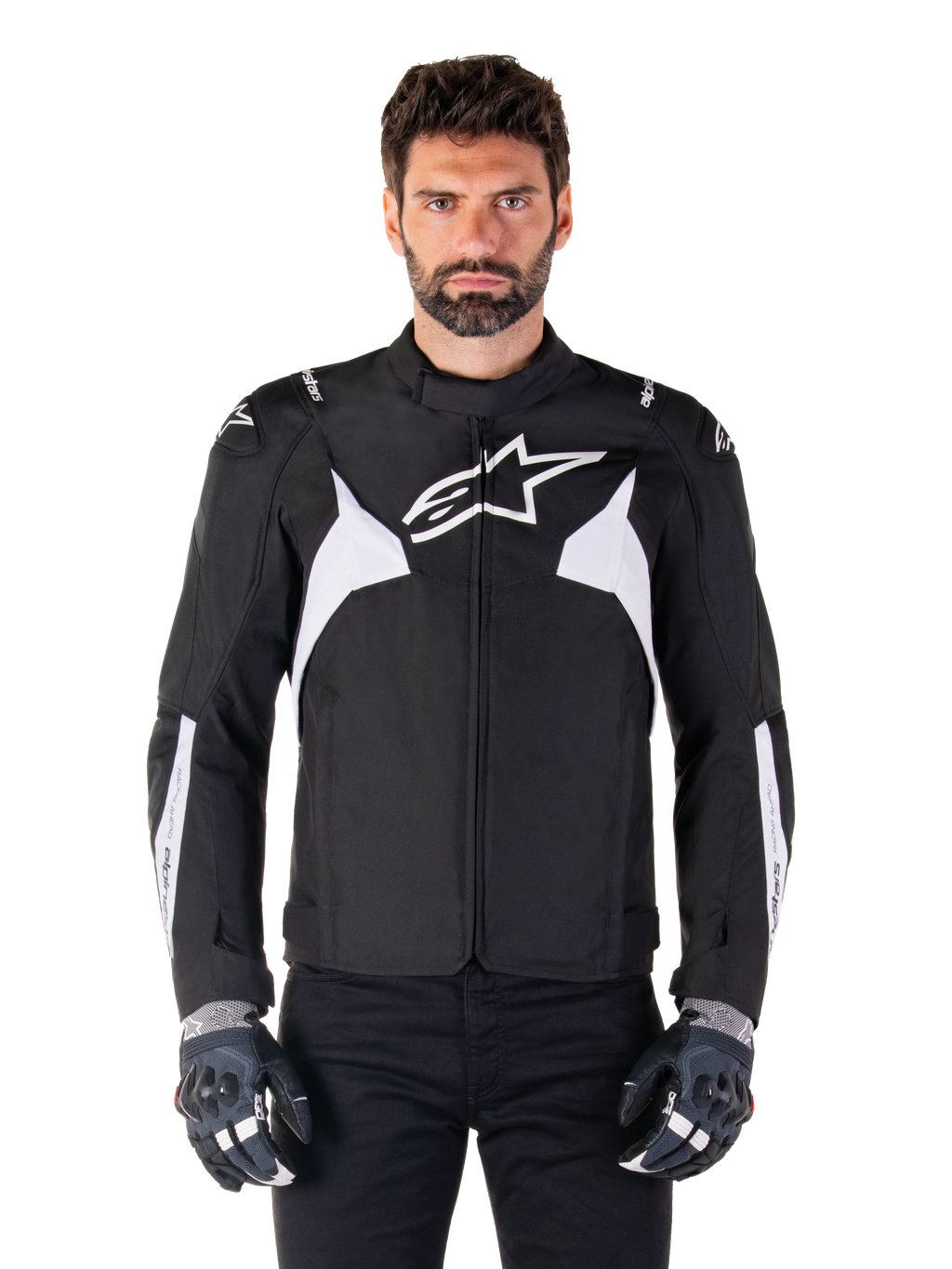 Alpinestars T-Jaws V4 Waterproof Jacke, Schwarz und Weiß, sportliche Textil-Motorradjacke für Herren, mit weißem Stern-Logo auf der Brust, weißen Schulterakzenten und weißen Streifen an den Unterarmen, hochgeschlossener Kragen, athletische Passform für die Straße