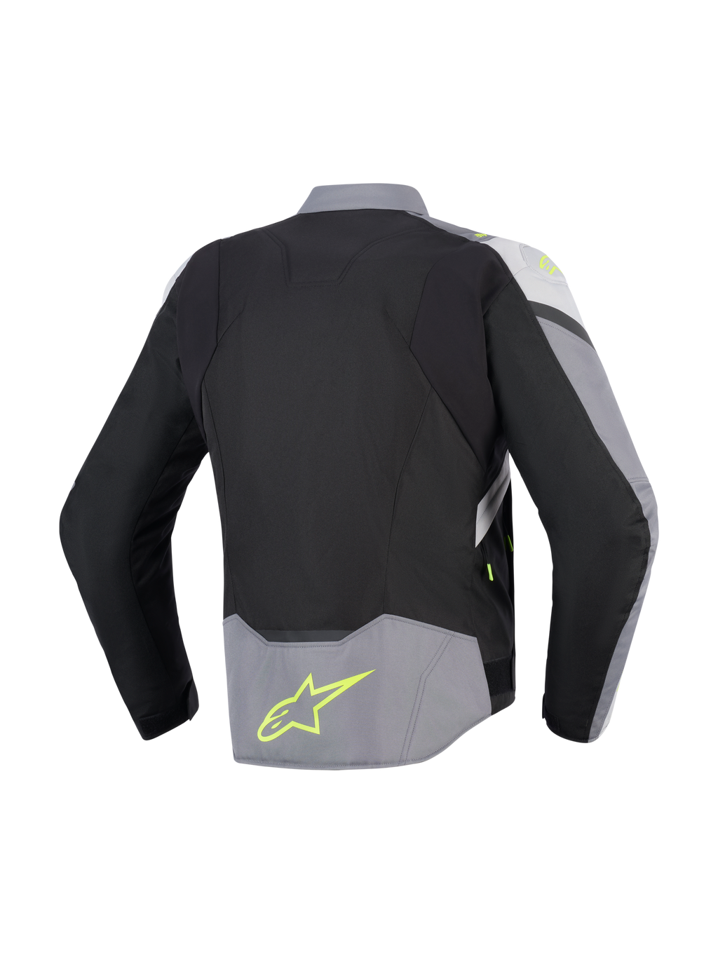 Alpinestars T-Jaws V4 Wasserdichte Jacke, Rückansicht, Schwarz, Ice Gray und Dunkelgrau, Textil-Motorradjacke mit neongelben Akzenten und Logo am unteren Rücken, sportliche Passform mit verlängertem Rückenprofil