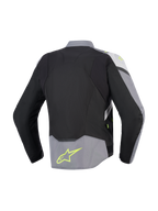 Alpinestars T-Jaws V4 Wasserdichte Jacke, Rückansicht, Schwarz, Ice Gray und Dunkelgrau, Textil-Motorradjacke mit neongelben Akzenten und Logo am unteren Rücken, sportliche Passform mit verlängertem Rückenprofil