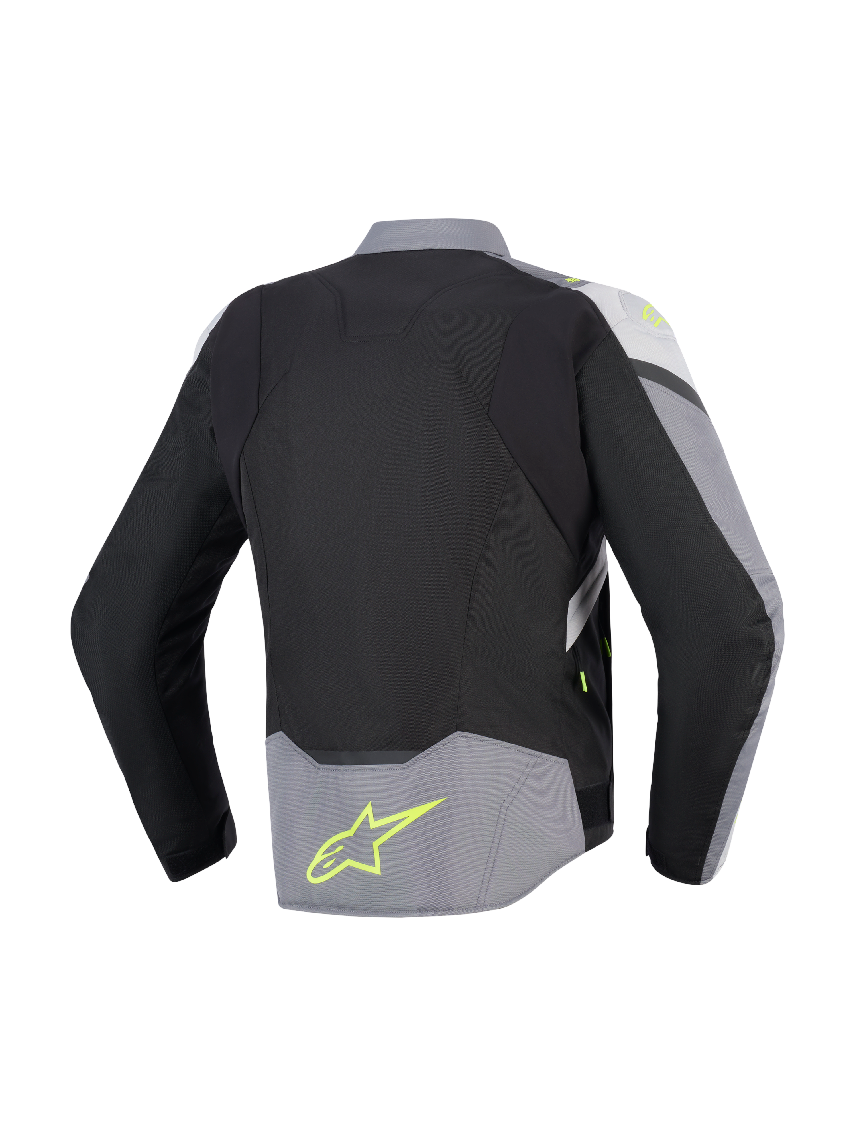 Alpinestars T-Jaws V4 Wasserdichte Jacke, Rückansicht, Schwarz, Ice Gray und Dunkelgrau, Textil-Motorradjacke mit neongelben Akzenten und Logo am unteren Rücken, sportliche Passform mit verlängertem Rückenprofil