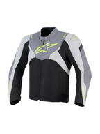 Alpinestars T-Jaws V4 Wasserdichte Jacke, Textil-Motorradjacke, Schwarz, Ice Gray und Dunkelgrau mit fluoreszierend gelbem Branding, mit großem neonfarbenem Brustlogo und schützenden Schulterpaneelen