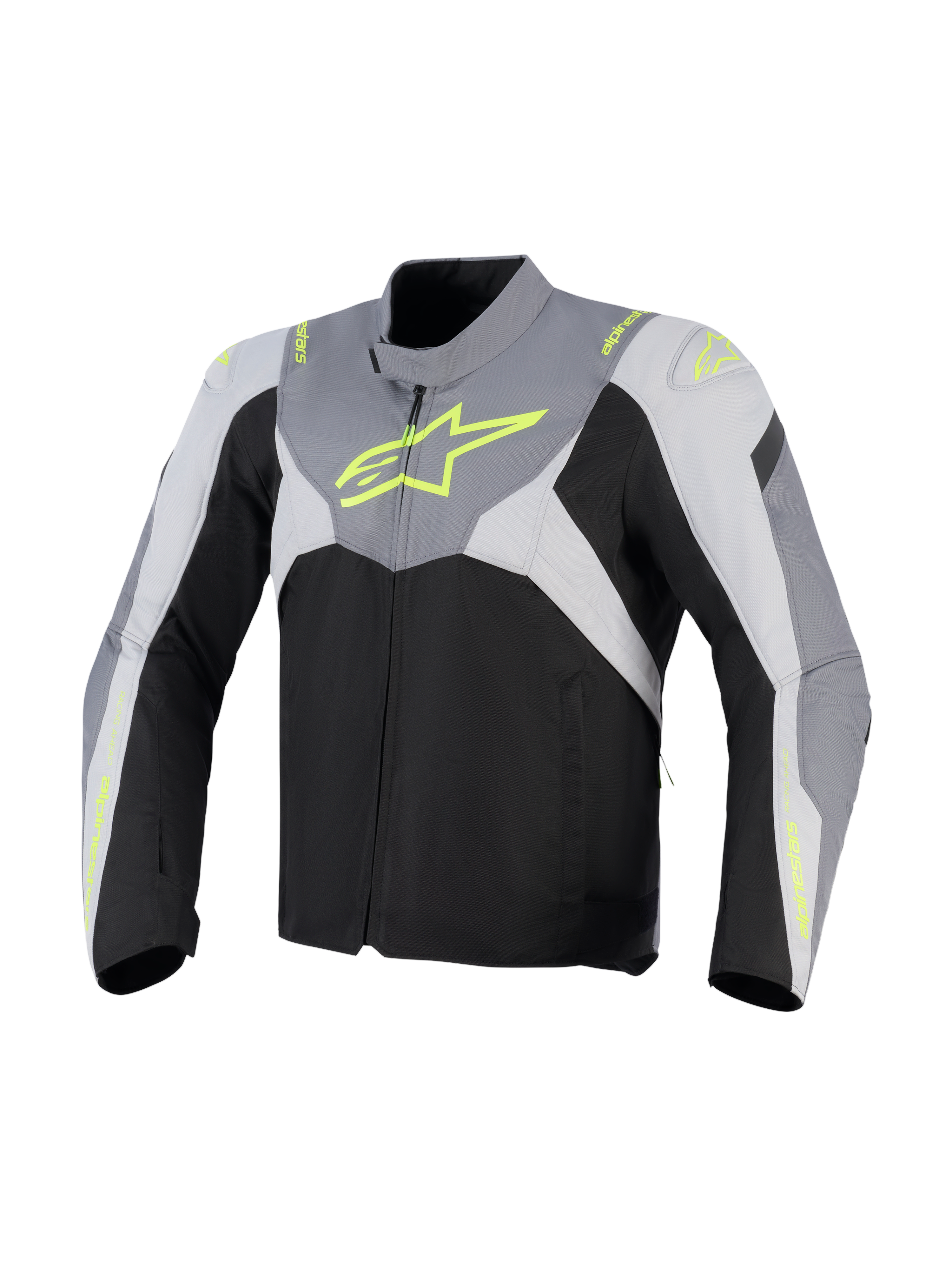 Alpinestars T-Jaws V4 Wasserdichte Jacke, Textil-Motorradjacke, Schwarz, Ice Gray und Dunkelgrau mit fluoreszierend gelbem Branding, mit großem neonfarbenem Brustlogo und schützenden Schulterpaneelen