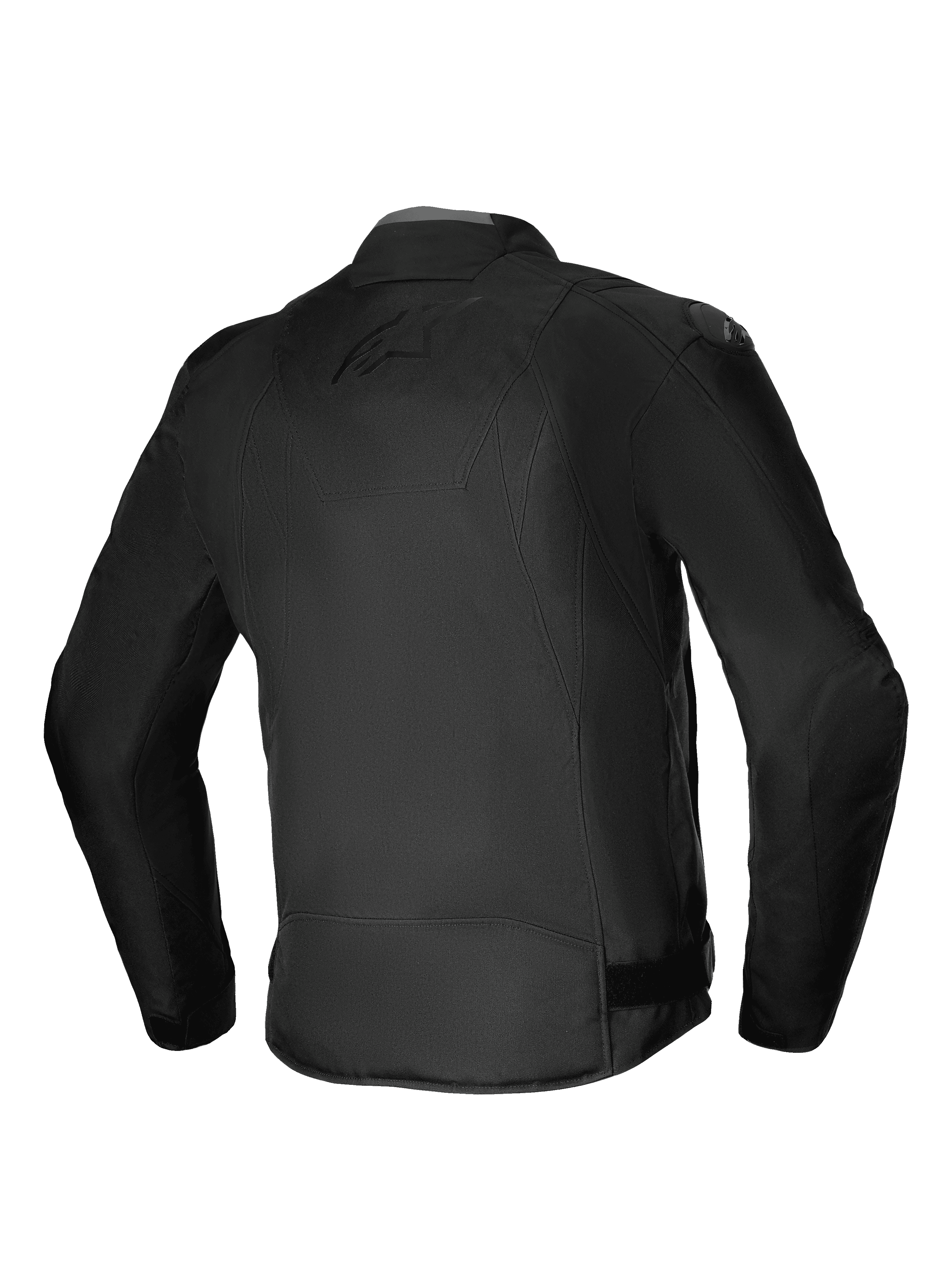 Alpinestars T-SP 1 V2 Wasserdichte Jacke, Textil-Motorradjacke, Schwarz, Rückansicht mit 3D-Sport-Silhouette, DFS Lite Schultergleitern und dezentem Ton-in-Ton-Branding auf dem Rücken, strapazierfähige Allwetter-Fahrausrüstung