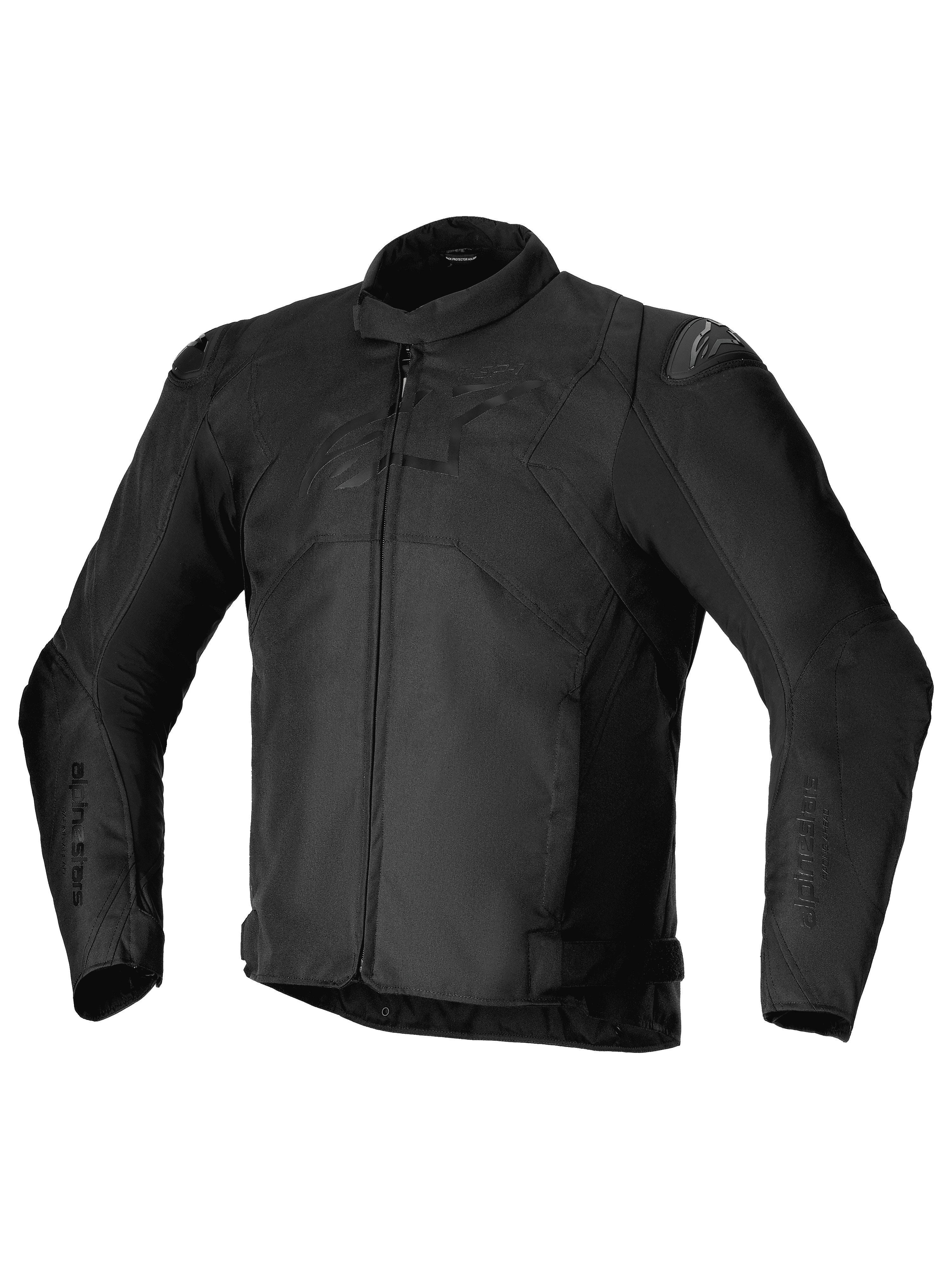 Alpinestars T-SP 1 V2 Waterproof Jacket, Schwarz, Sportliche Textil-Motorradjacke, flacher Kragen, lange vorgekrümmte Ärmel, Frontreißverschluss, DFS Lite Schulterschleifer, Ton-in-Ton Alpinestars-Logo auf der Brust