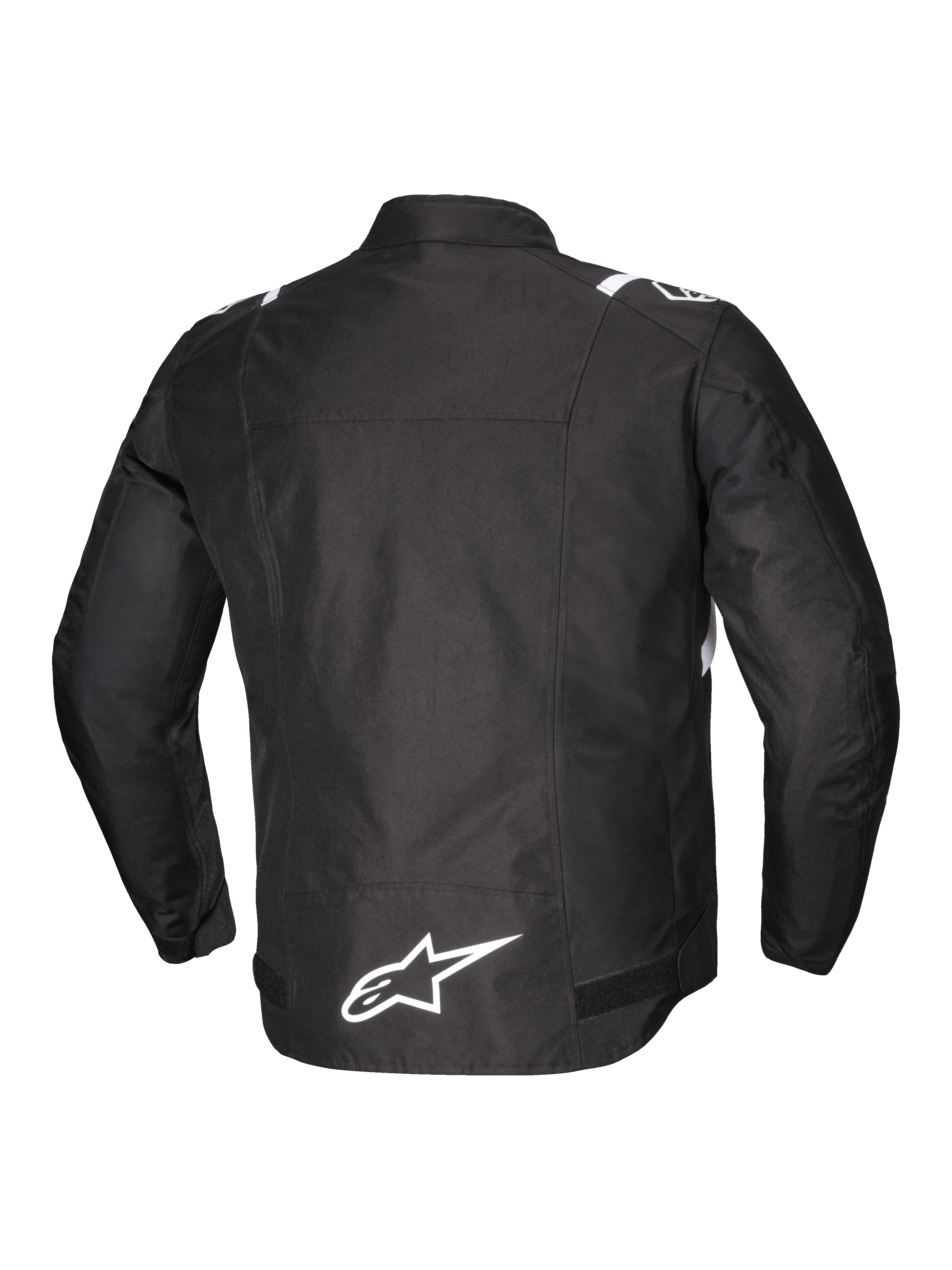 Alpinestars T-SPS V2 Wasserdichte Jacke, Herren-Motorradjacke, Rückansicht in Schwarz mit weißen Akzenten und reflektierendem Logo, aus abriebfestem 600D-Polyester